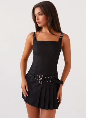 Sheer Overlay Lynette Buckle Mini Dress - Black
