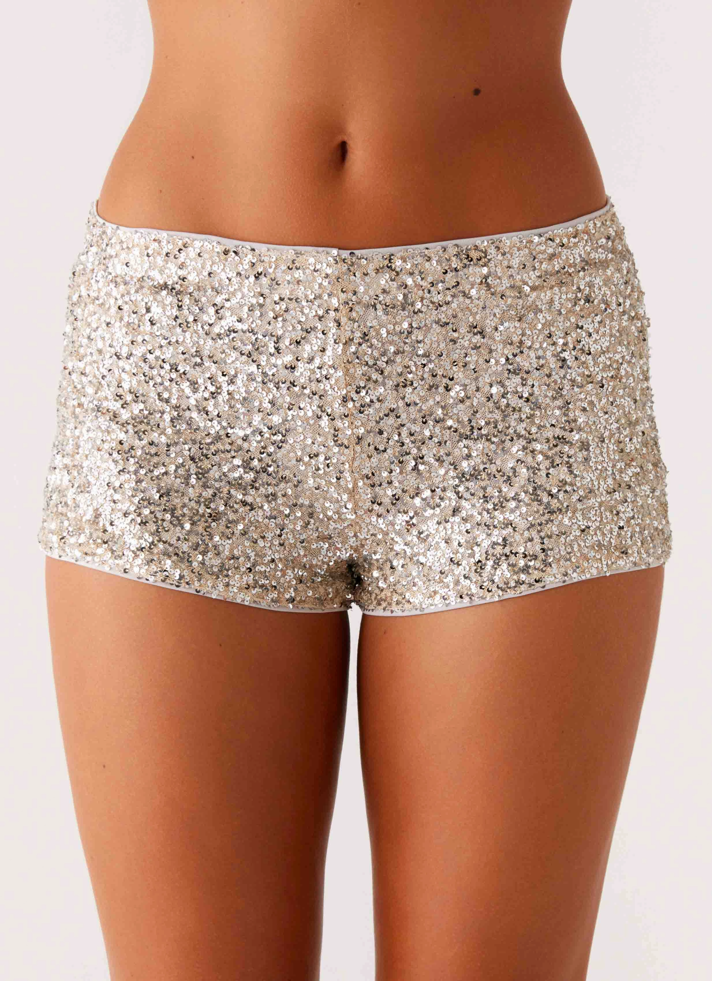 Stretchable Material Maelis Low Rise Sequin Mini Shorts - Silver