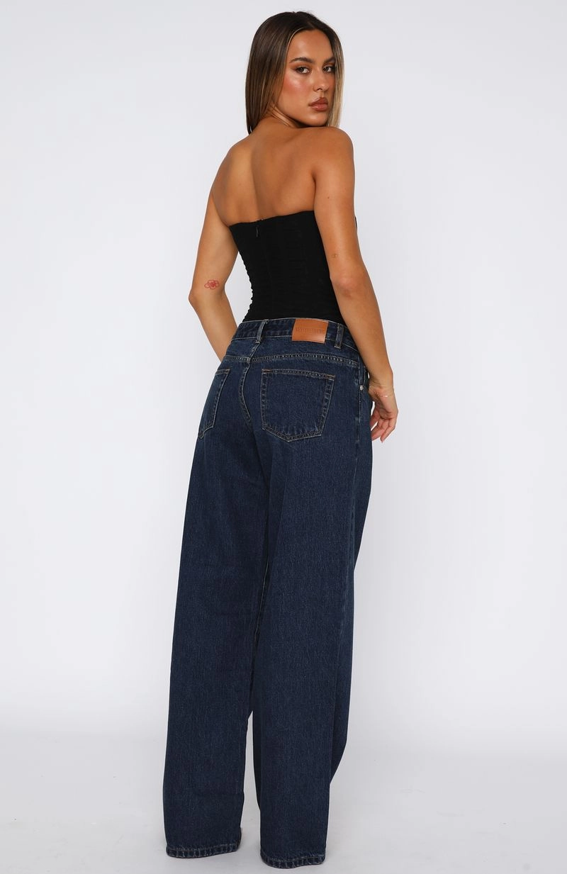 Minimalist Style Festival Outfit Loose Professional Wear Urban Explorer Maeve Low Rise Wide Leg Jeans Dark Blue
