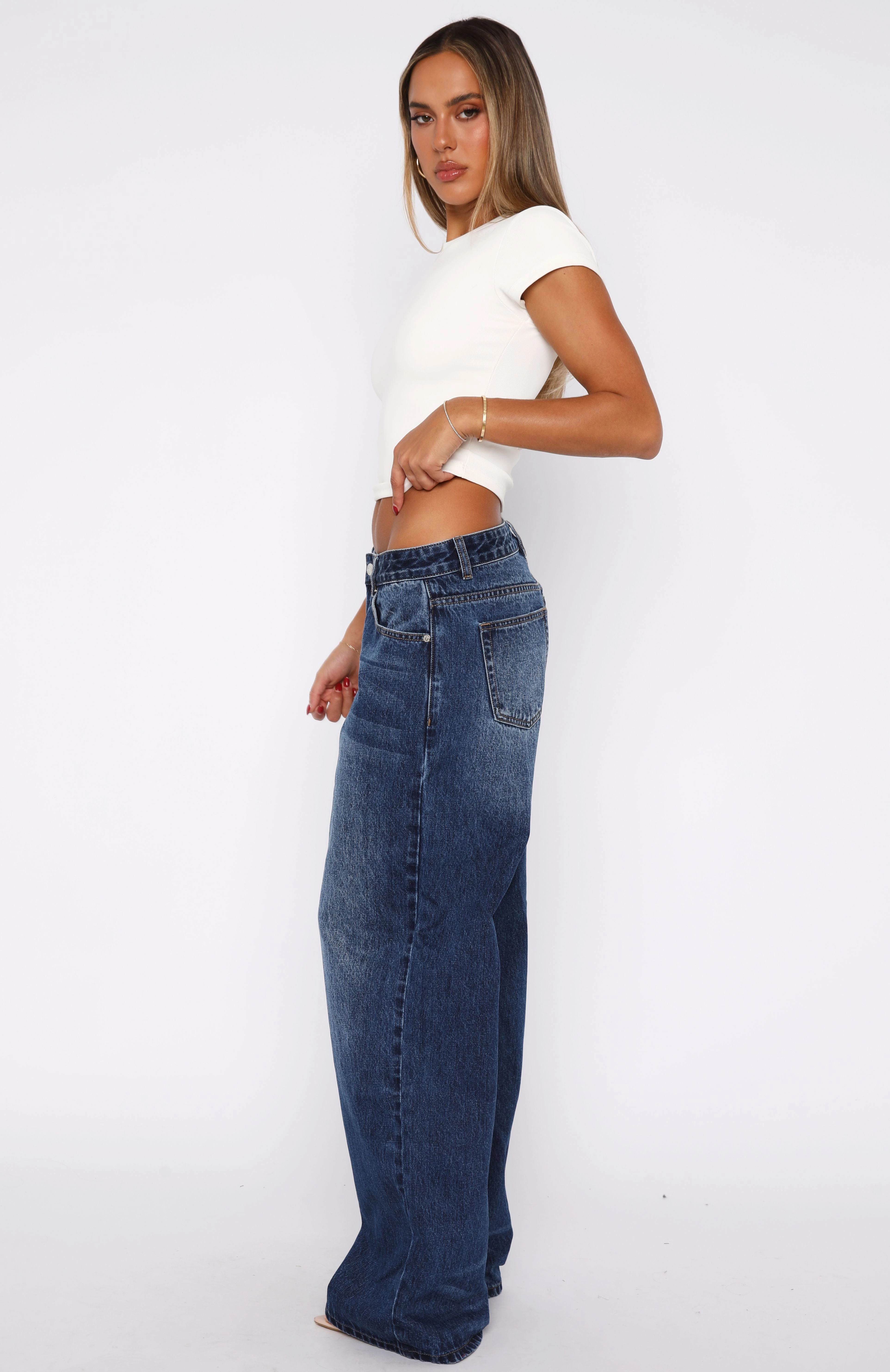 Music Event Smooth Casual Maeve Low Rise Wide Leg Jeans Washed Dark Blue