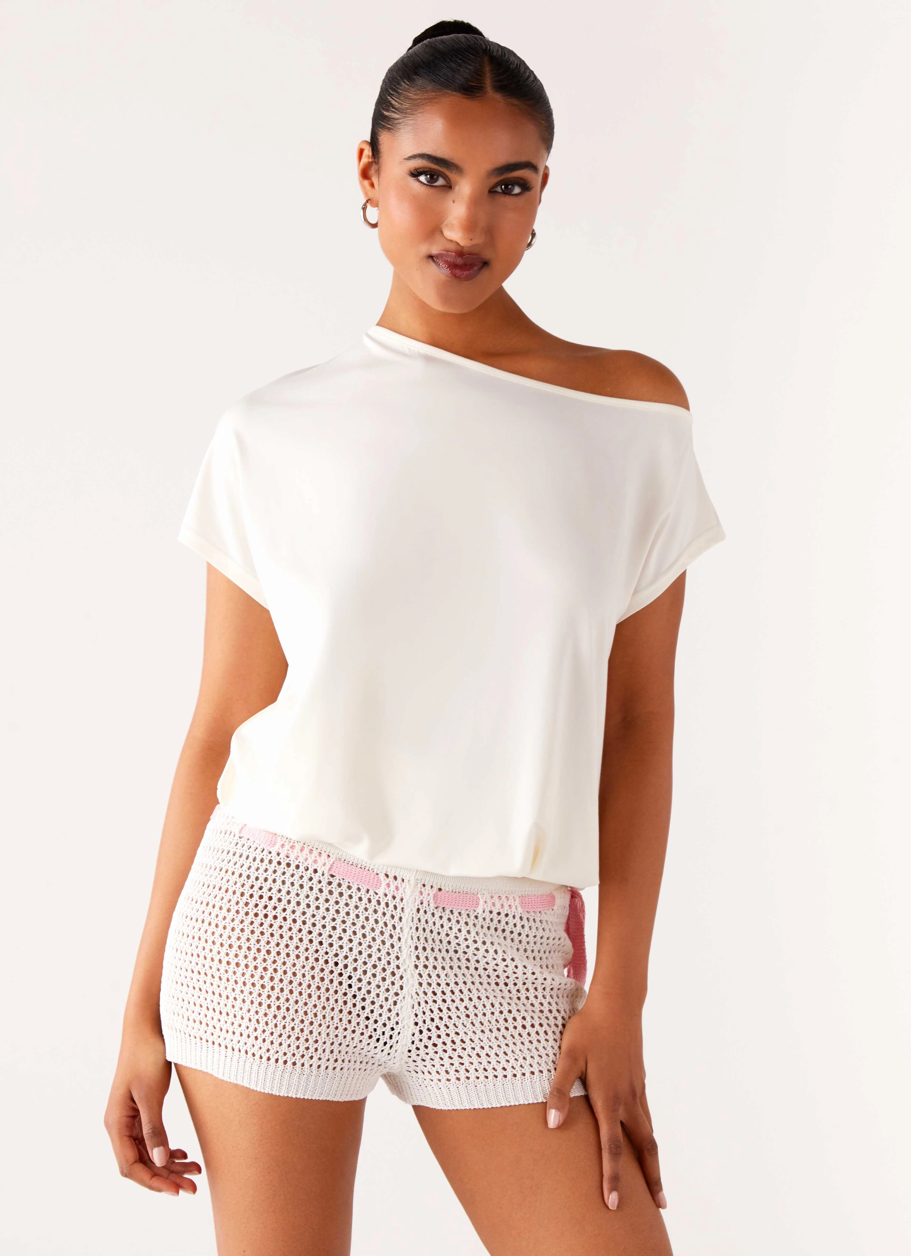 Mahana Crochet Mini Shorts - Ivory Pink EcoFriendlyMaterials rooftop party look