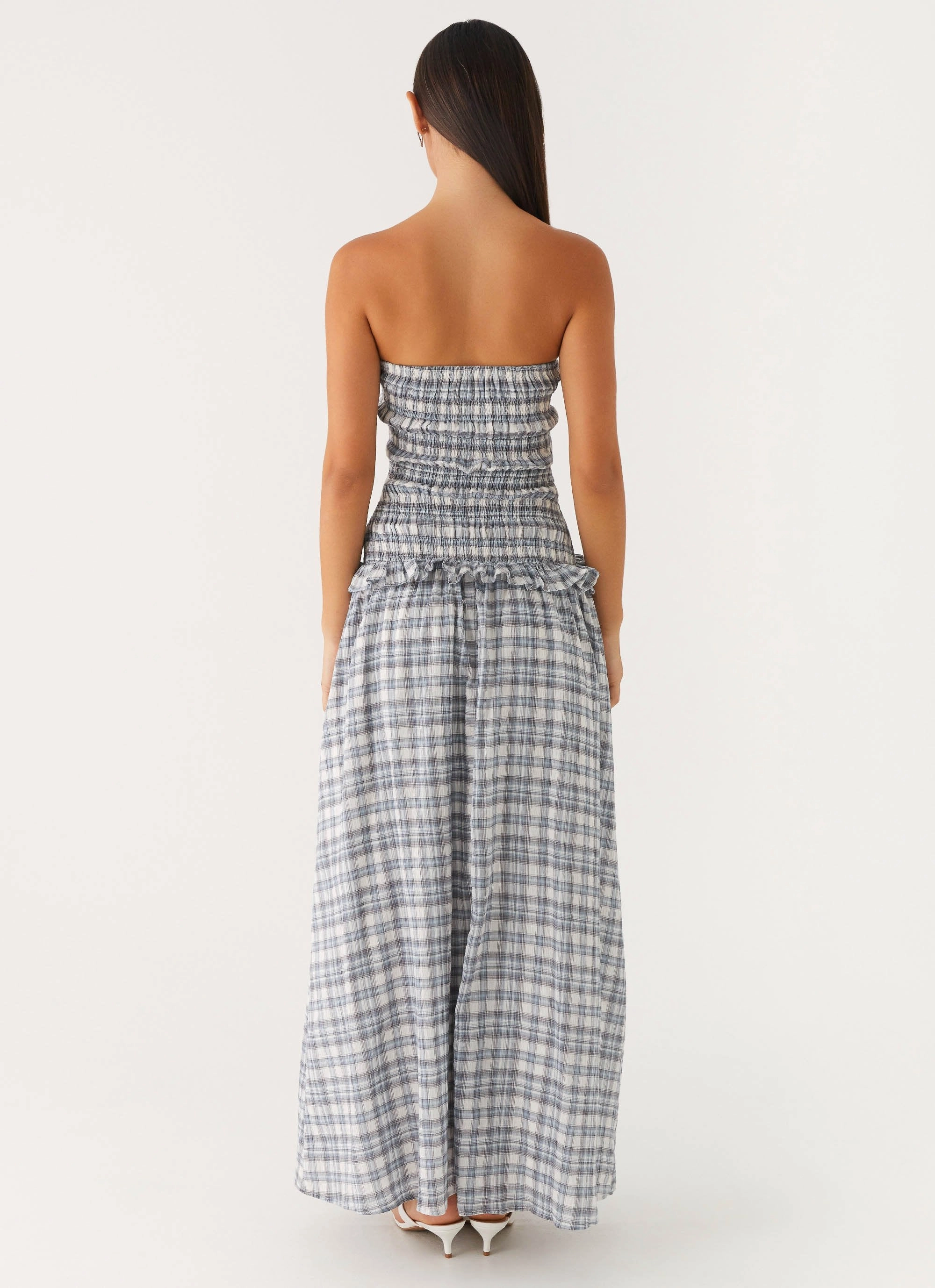 Travel-Pack Lounge Moment Malia Shirred Maxi Dress - Blue Grey Check