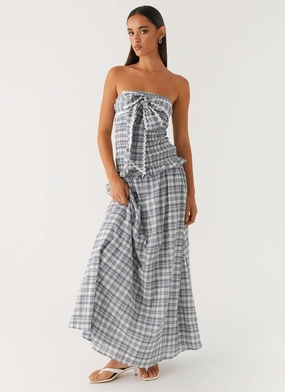 Malia Shirred Maxi Dress - Blue Grey Check Elegant holiday wear