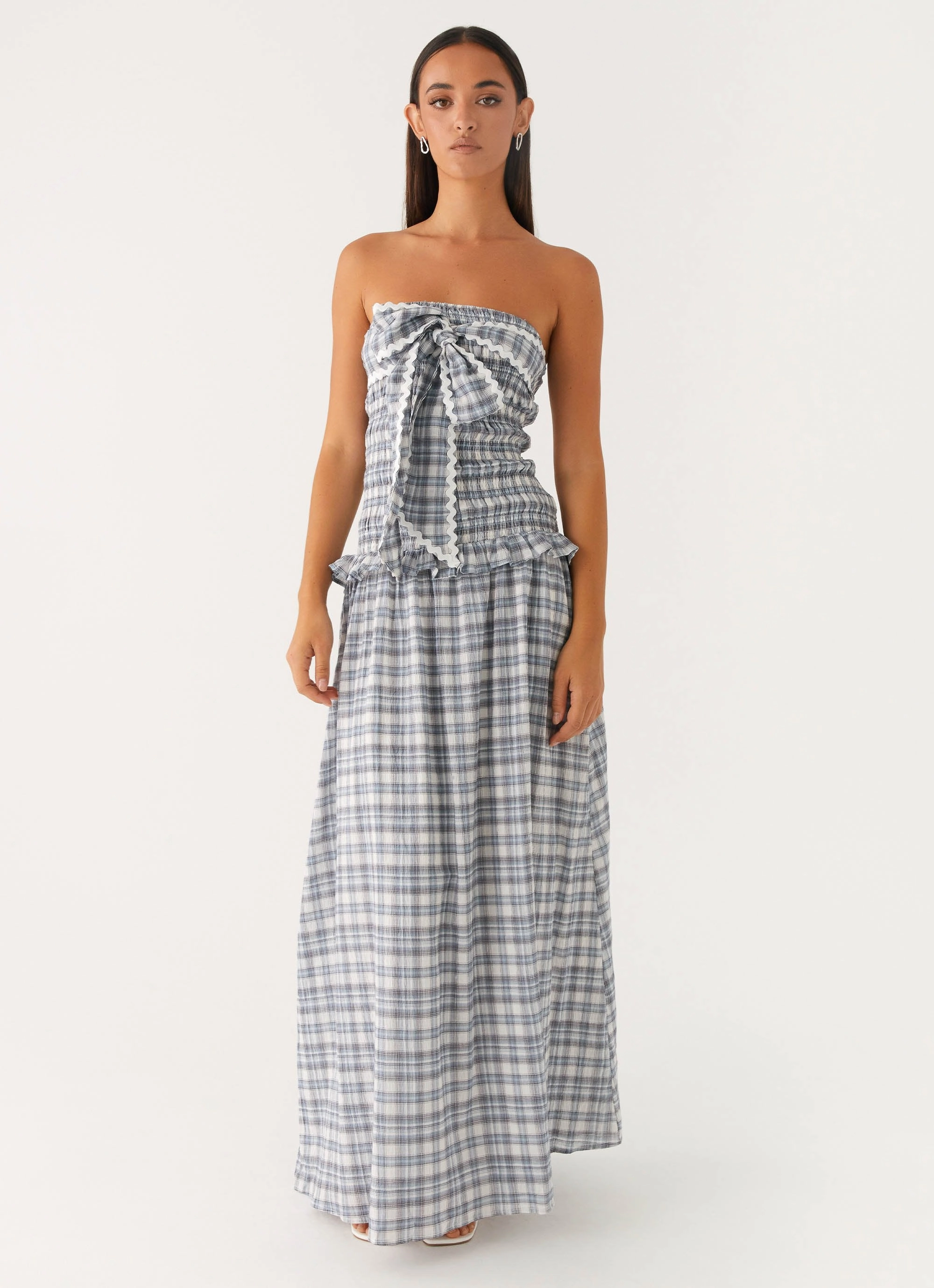 Malia Shirred Maxi Dress - Blue Grey Check Sophisticated Vibe