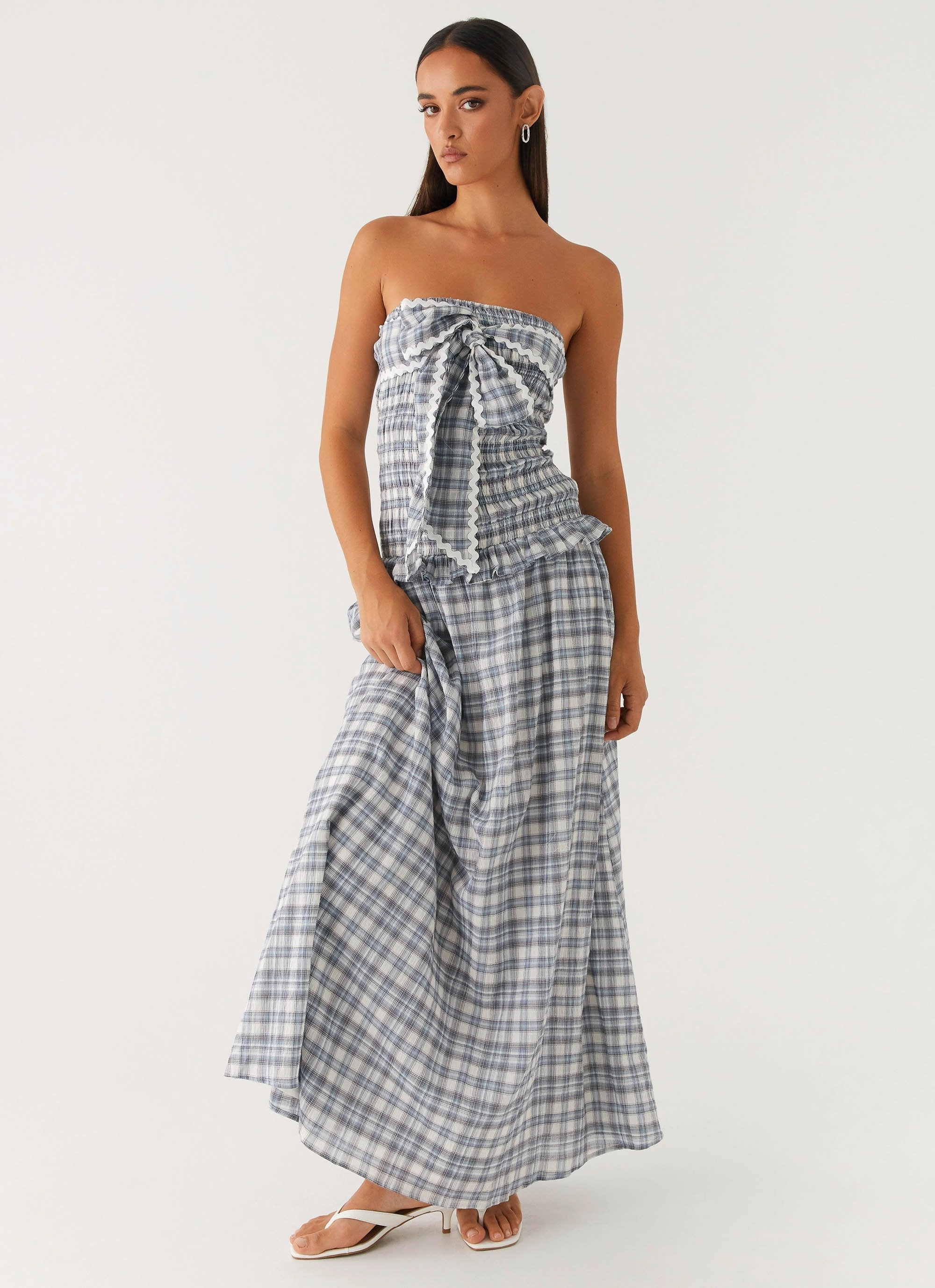 Malia Shirred Maxi Dress - Blue Grey Check Elegant holiday wear
