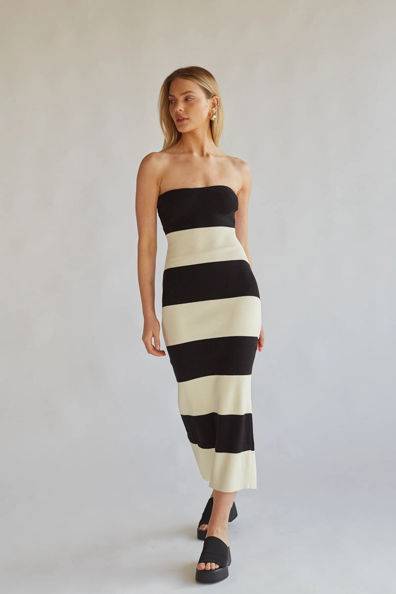 Nikki Striped Knit Midi Tube Dress Boho Aesthetic