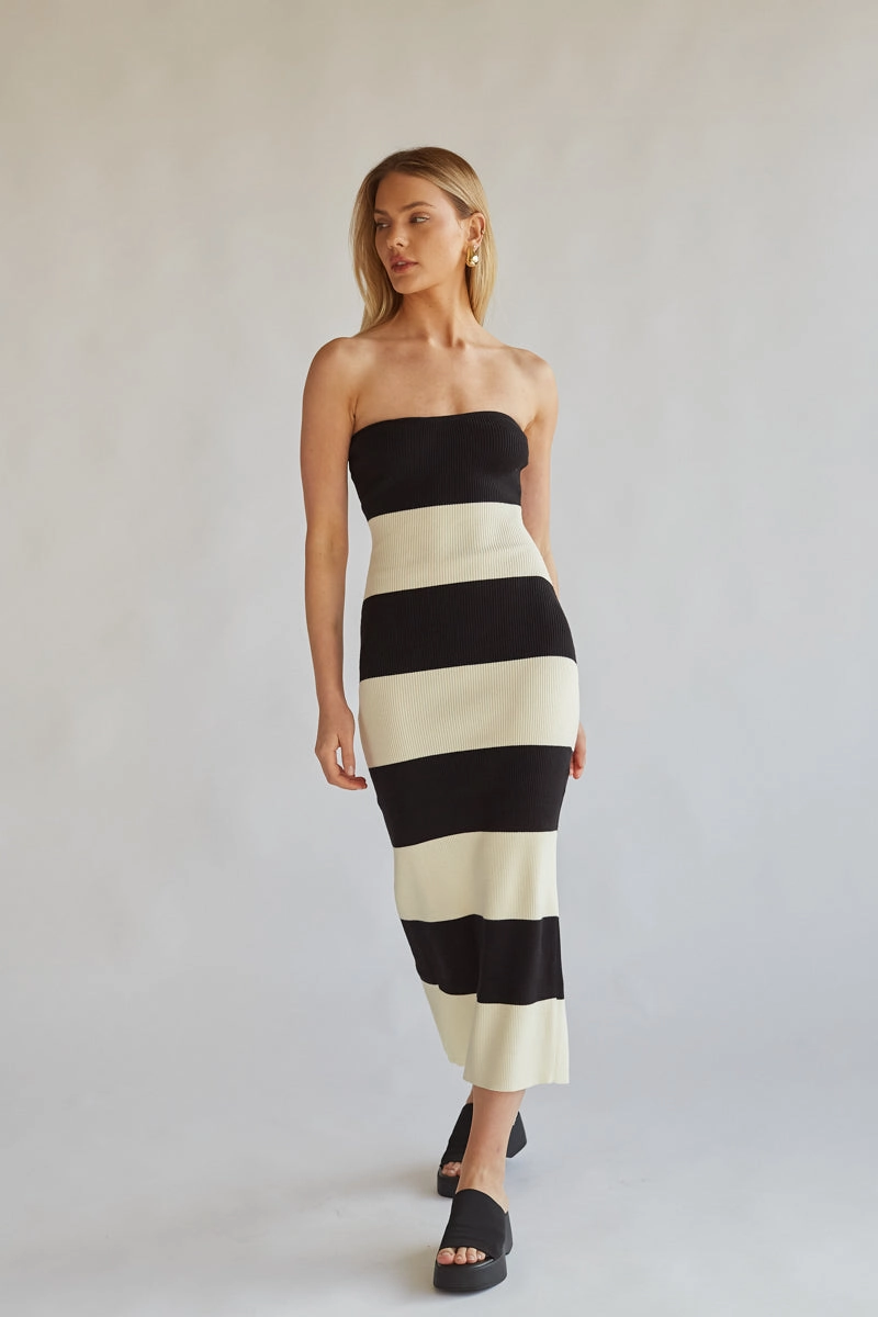 Night Ready Feminine off-the-shoulder gown Nikki Striped Knit Midi Tube Dress