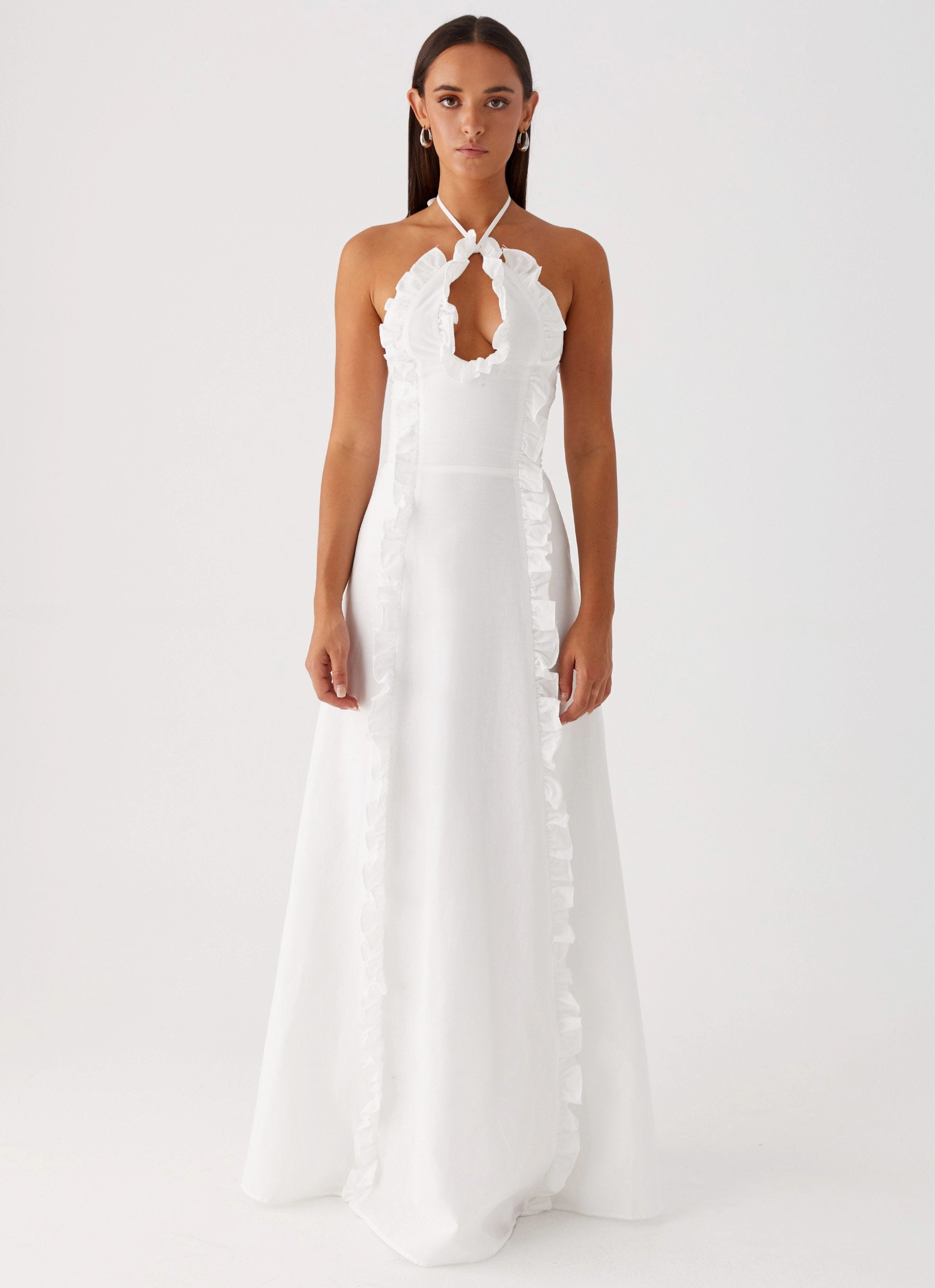 Mariella Maxi Dress - White Embroidered-Sleeve Polished Finish