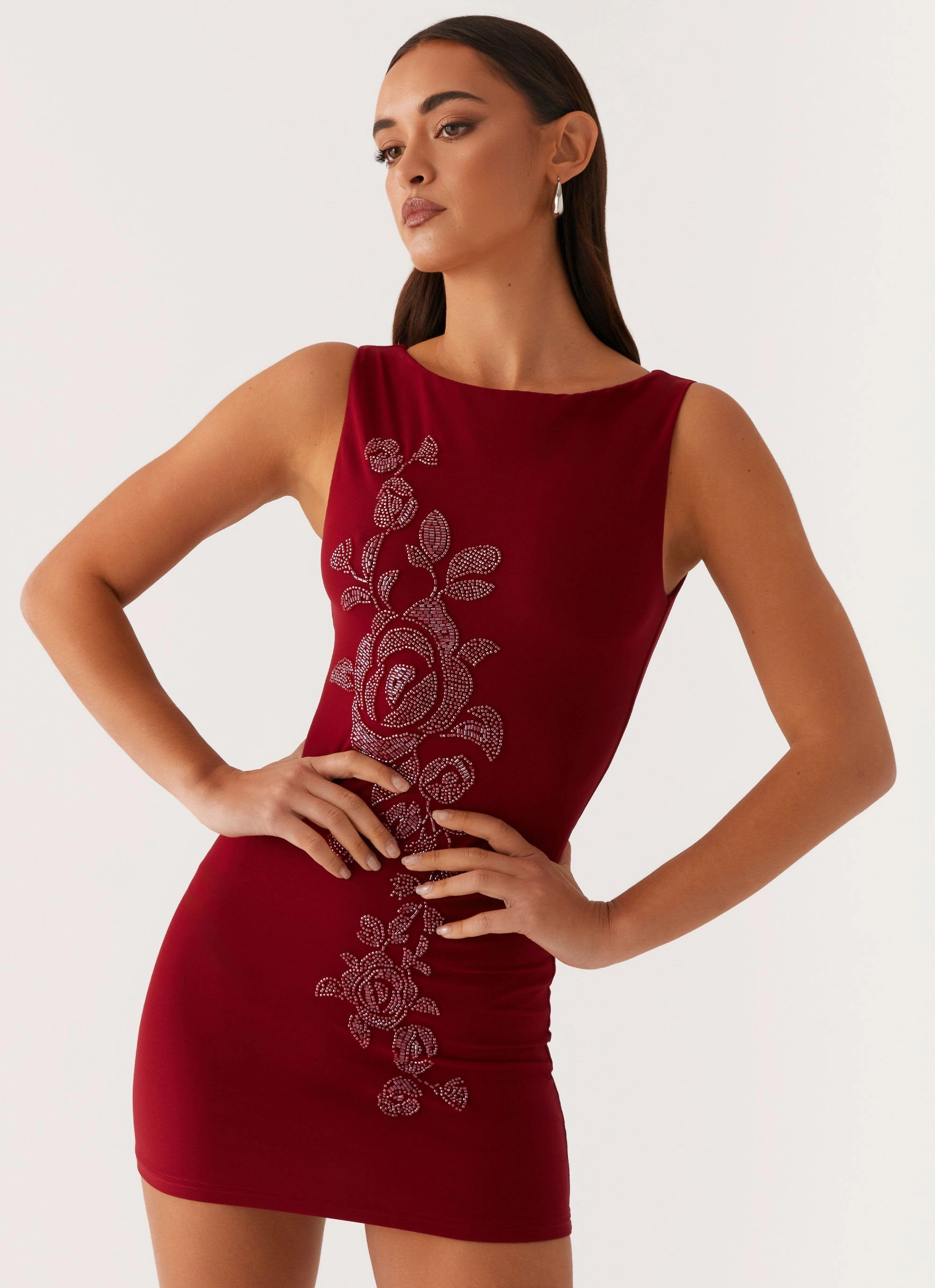 Matteo Beaded Mesh Mini Dress - Deep Red Subtle Glow Perfect Layers