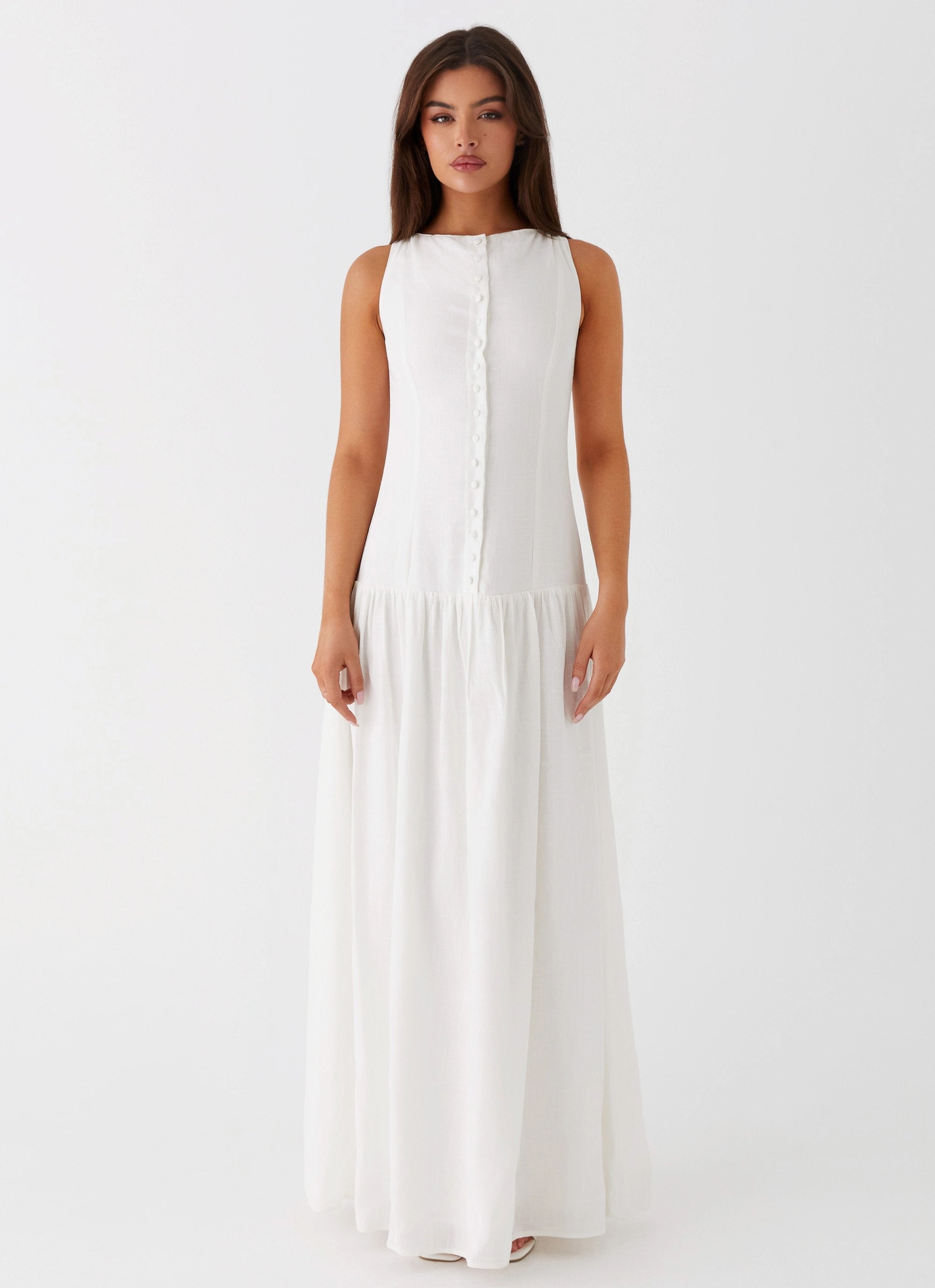Meggie Linen Maxi Dress - White Elegant knee-length dress Square Neck