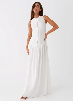 Front-Pocket Comfy Fit Meggie Linen Maxi Dress - White