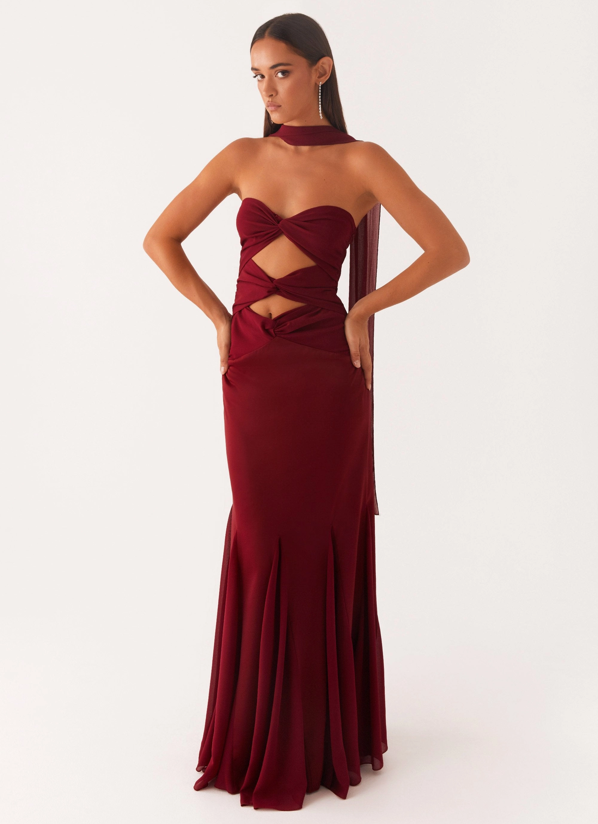 Fall Style Trendy And Comfortable Melrose Satin Chiffon Maxi Dress - Deep Red