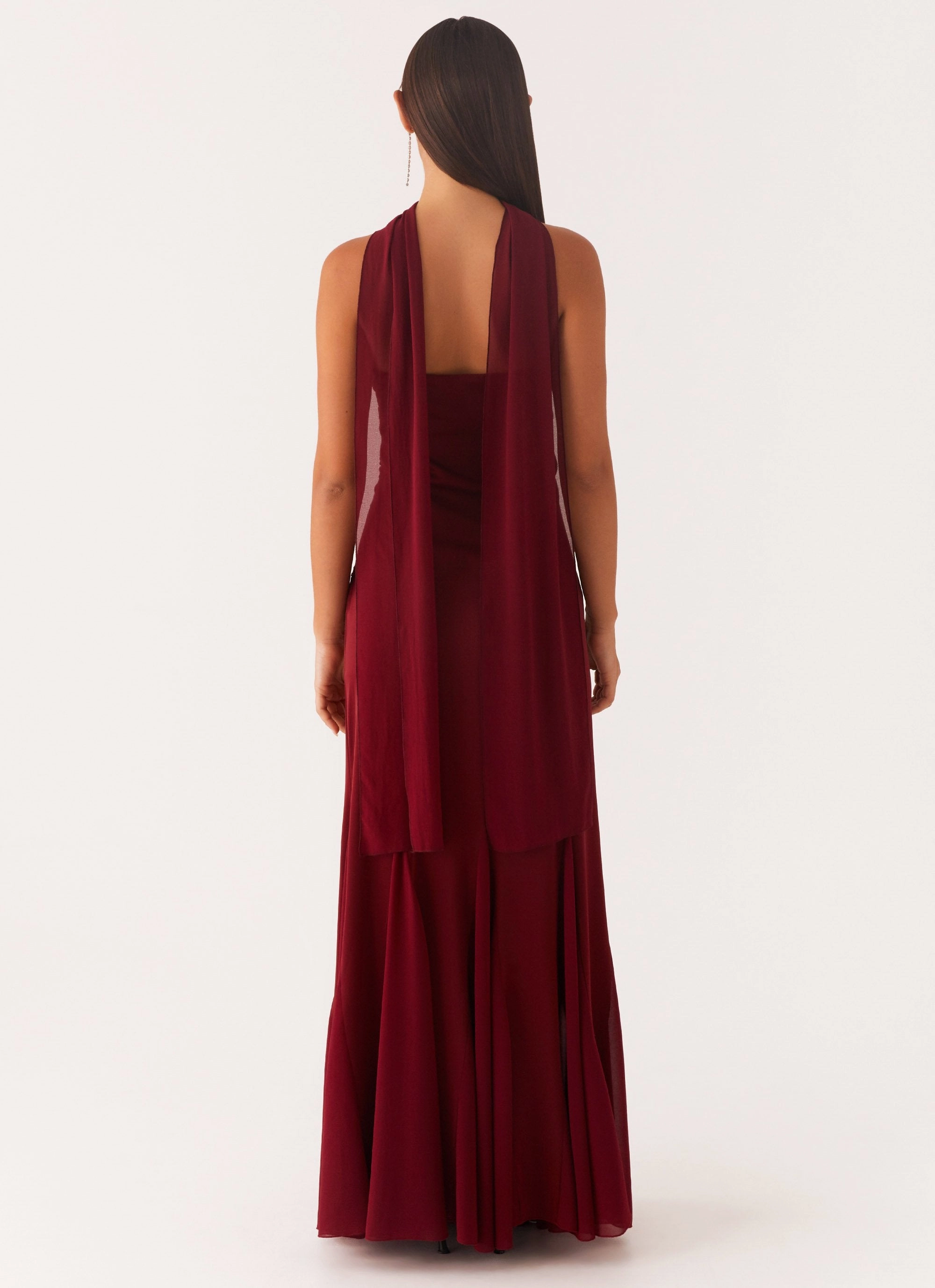 Raw-Hem Melrose Satin Chiffon Maxi Dress - Deep Red