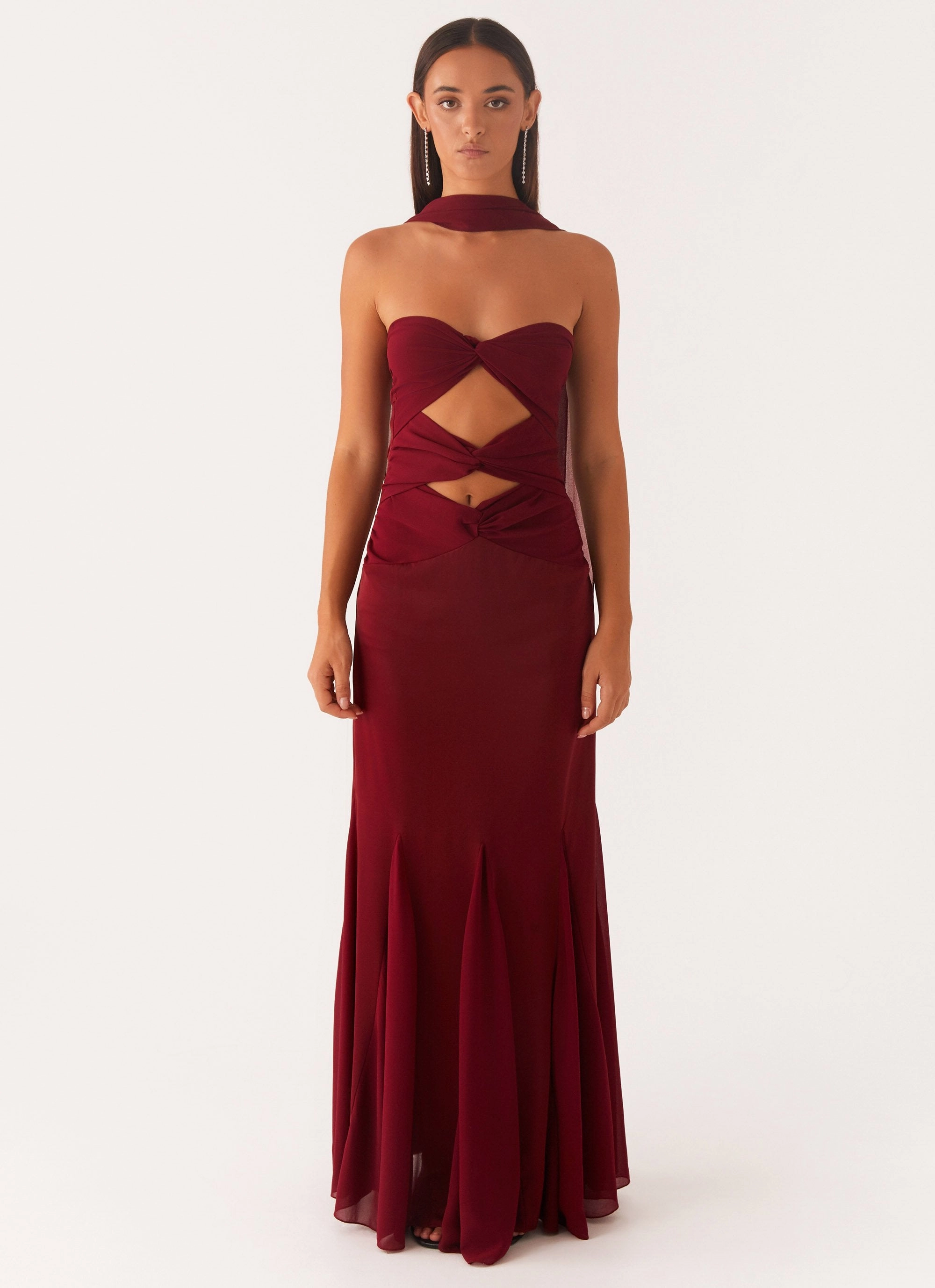 Flawless Waistband Fit Melrose Satin Chiffon Maxi Dress - Deep Red