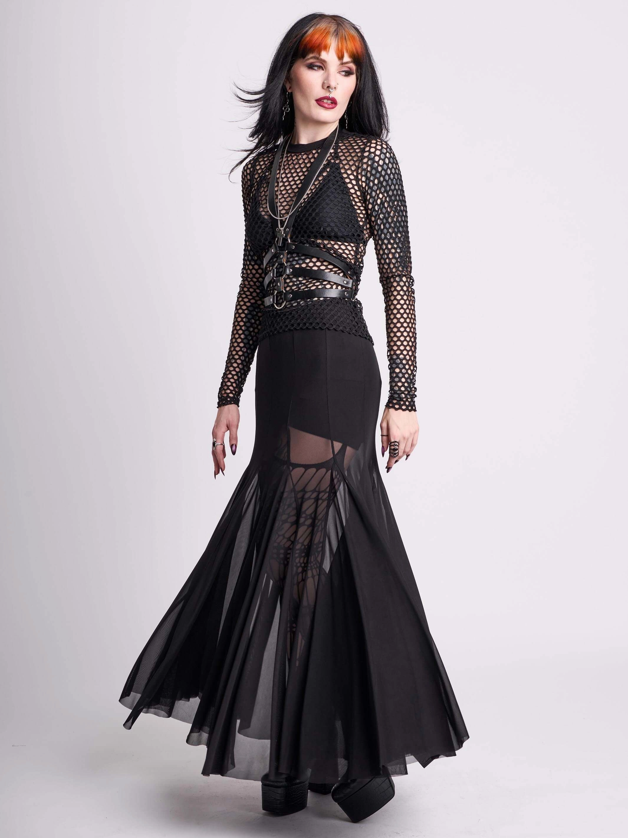 Print Mix Mesh Godet Maxi Skirt