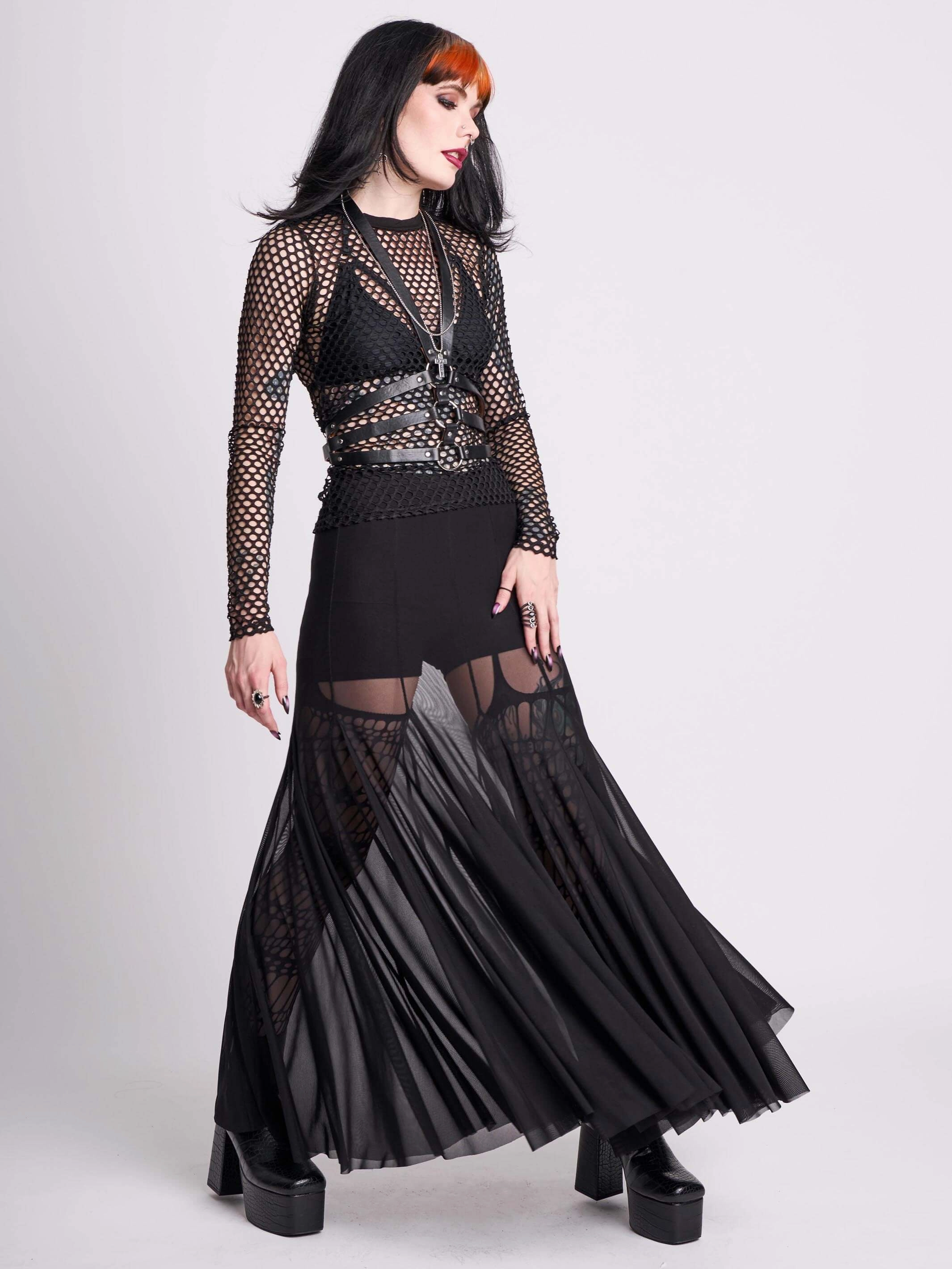 Mesh Godet Maxi Skirt Odor Resistant Treatment Eco conscious