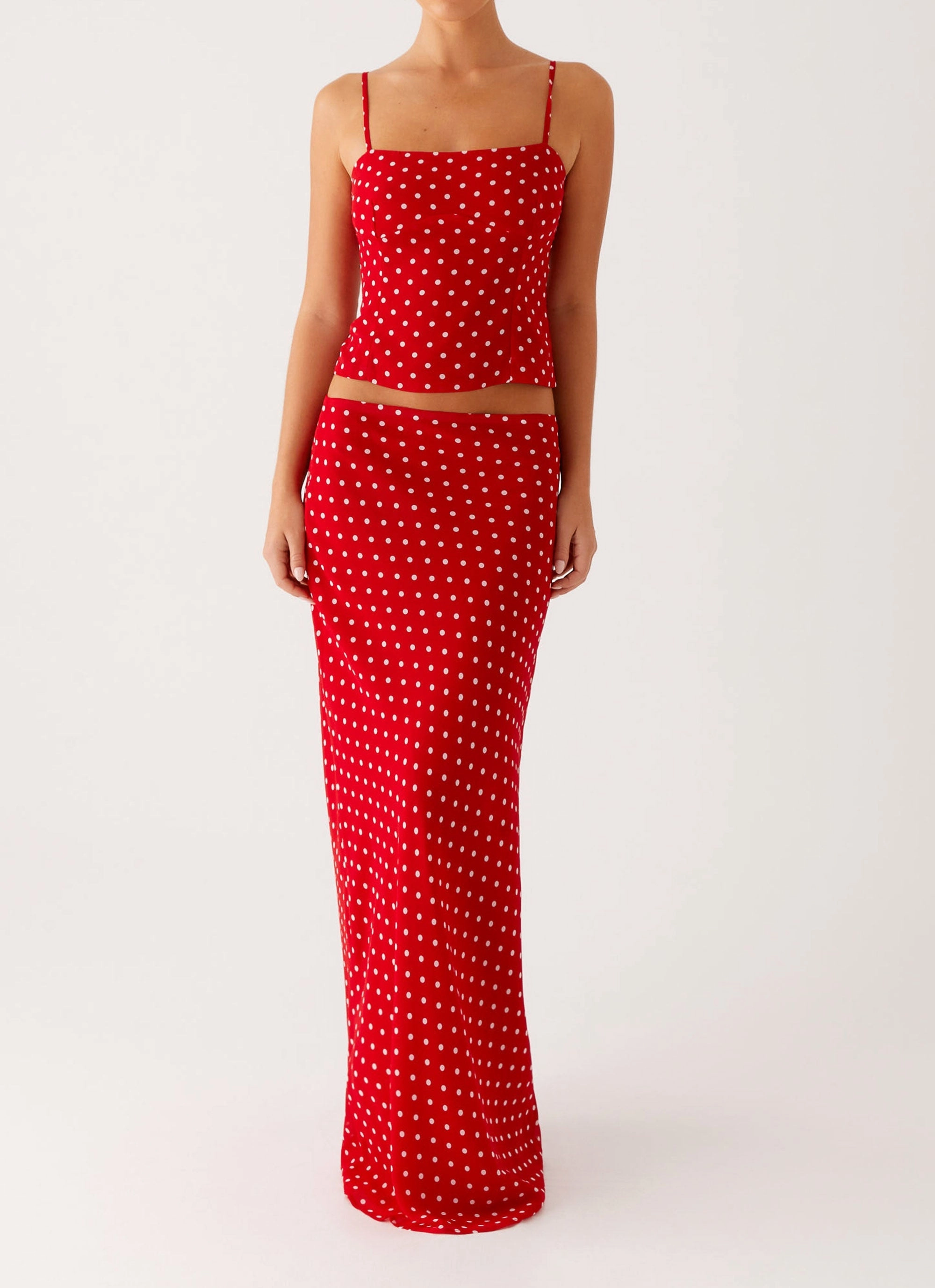 Cotton Rich Smooth Edging Bendita Maxi Skirt - Red Polka Dot
