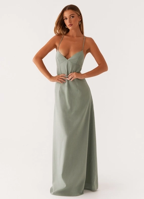 Tailored Waistband Sheer Look Middle Ground Linen Maxi Dress - Sage