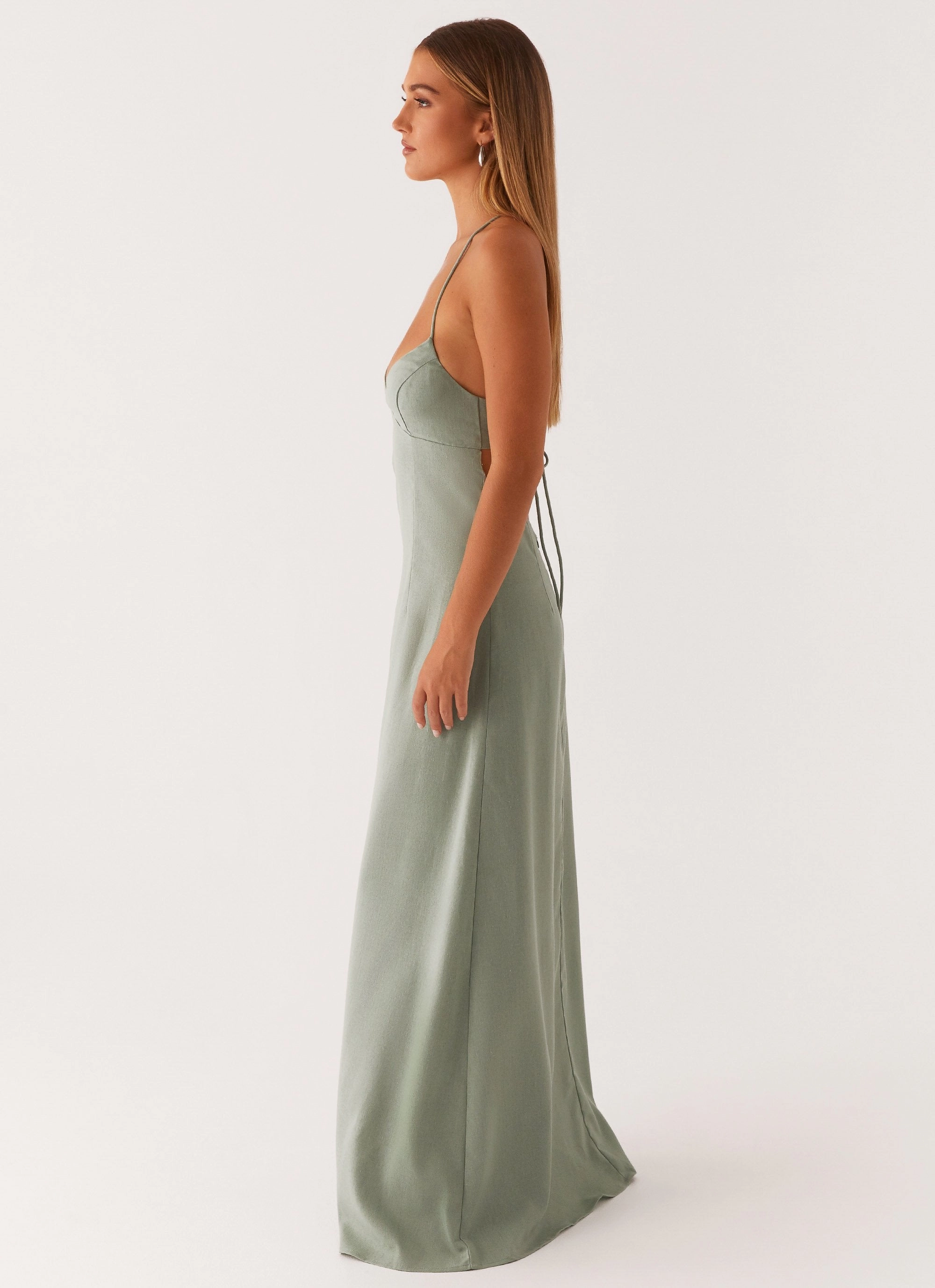 Layered Form Lightweight-Lining Middle Ground Linen Maxi Dress - Sage