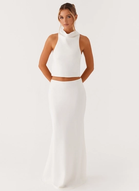 Mina Satin Maxi Skirt - White Detachable Tie