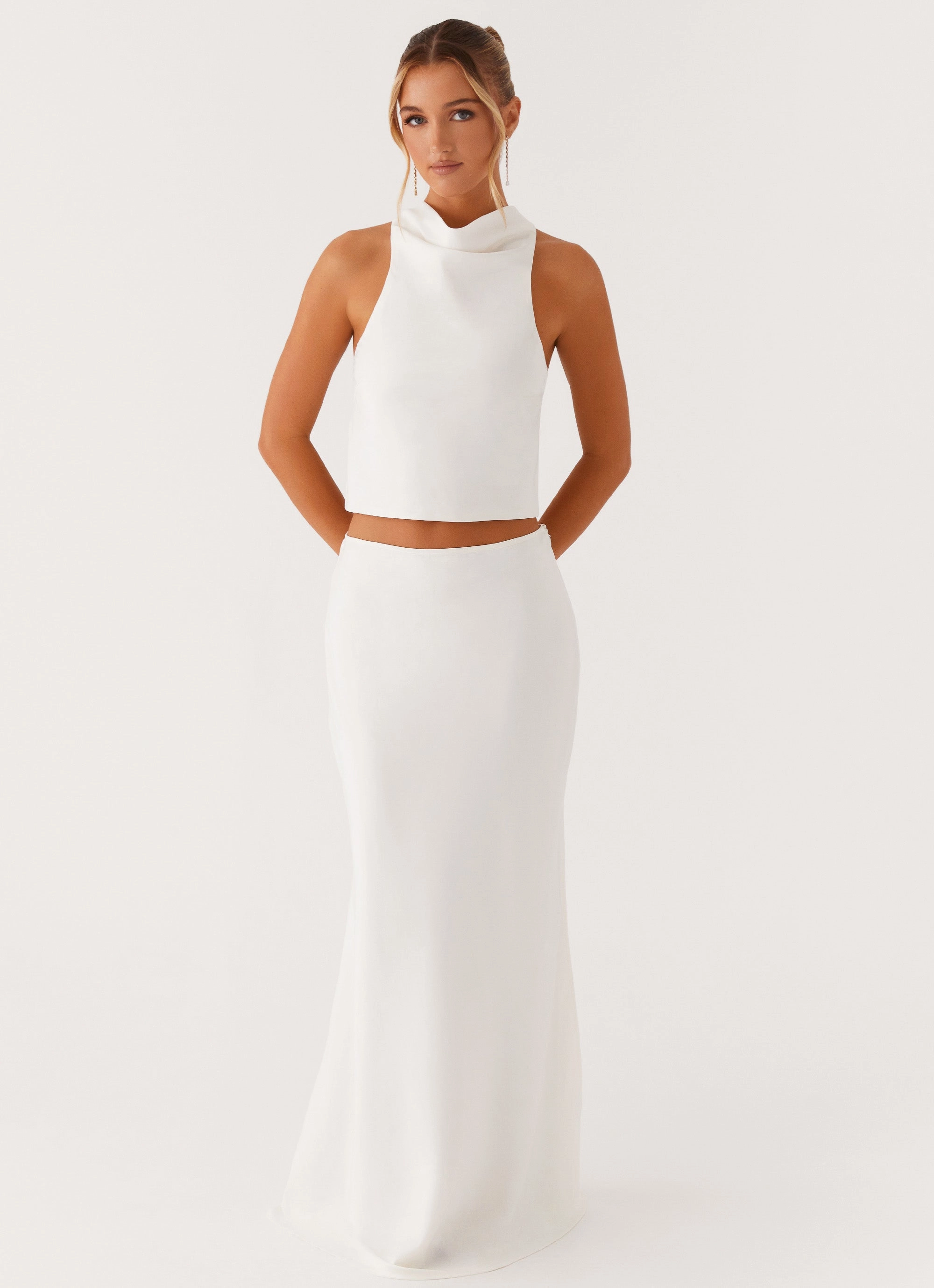 Mina Satin Maxi Skirt - White Detachable Tie