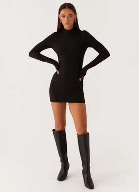 Raven Long Sleeve Mini Dress - Black Crystal-Detail