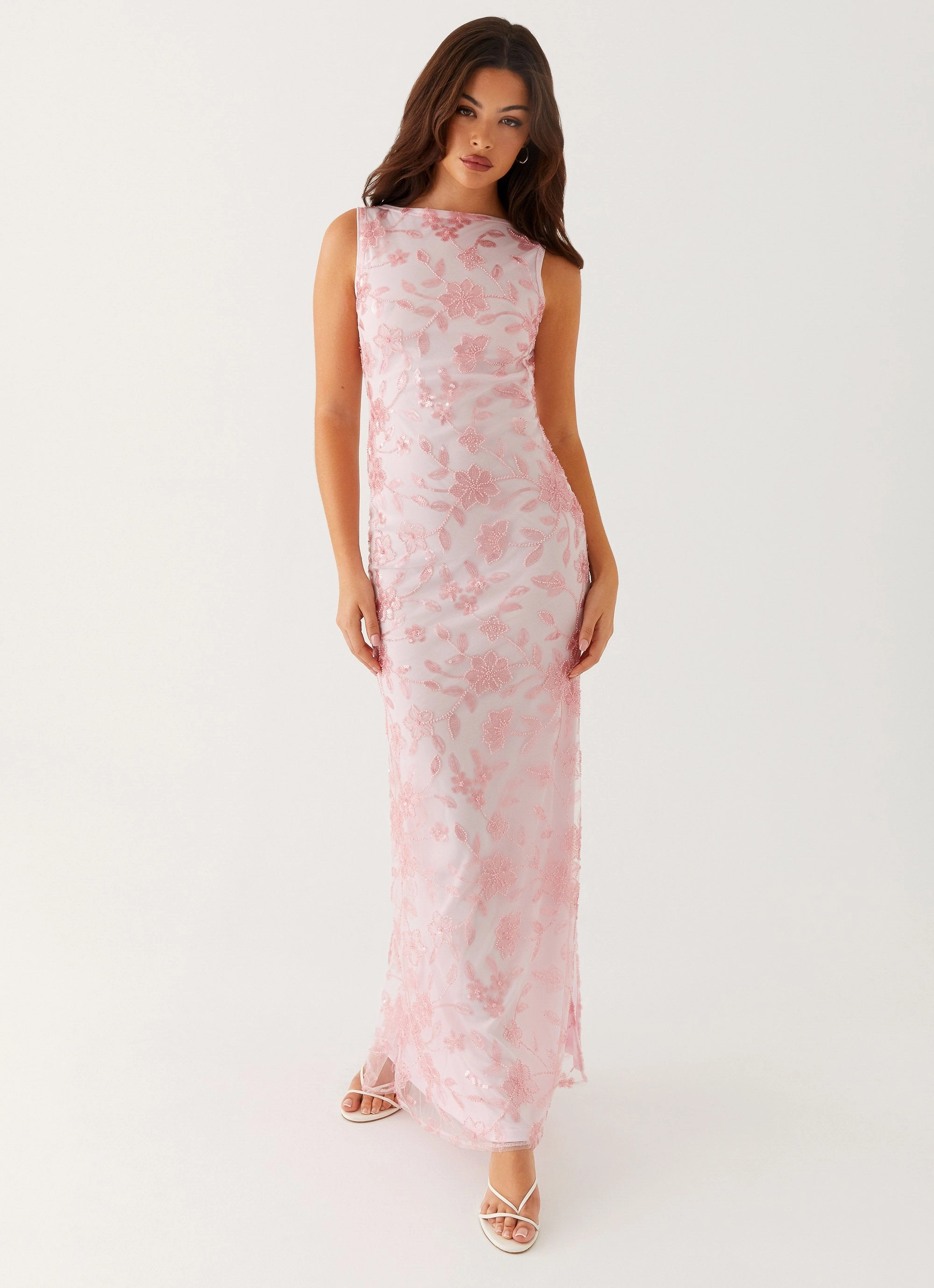 Satin-Edge Moorey High Neck Maxi Dress - Pink