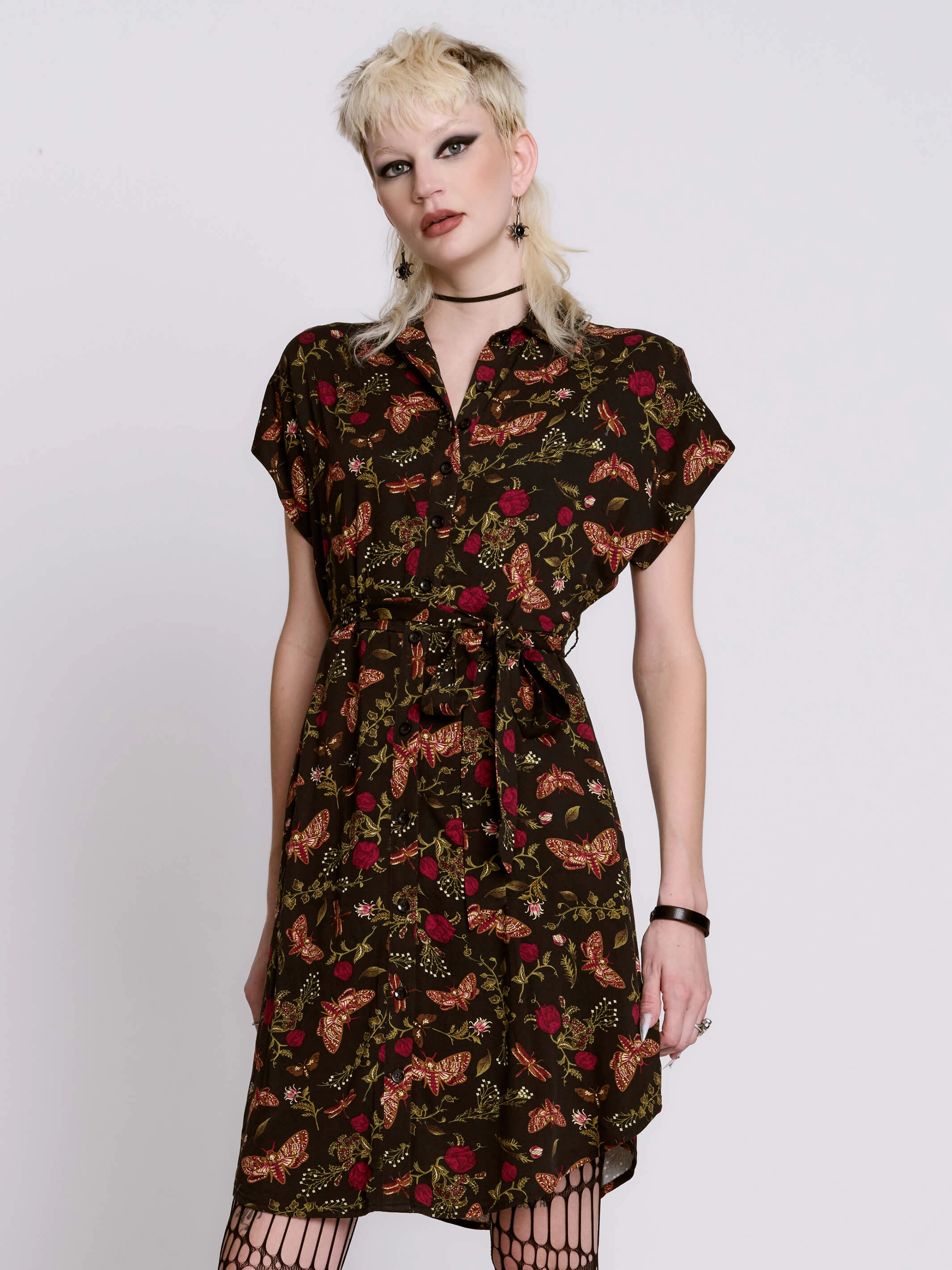 Bishop-Sleeve Day Fit Moth to the Flame Shirt Dress