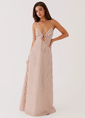 Flora Linen Maxi Dress - Passionfruit Stripe Raw-Hem