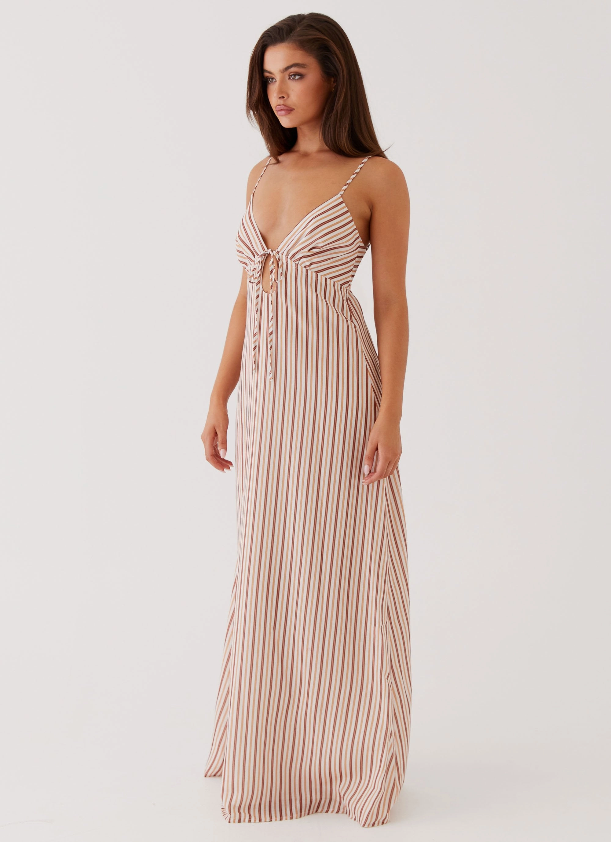 Neutral Aesthetic Flora Linen Maxi Dress - Passionfruit Stripe