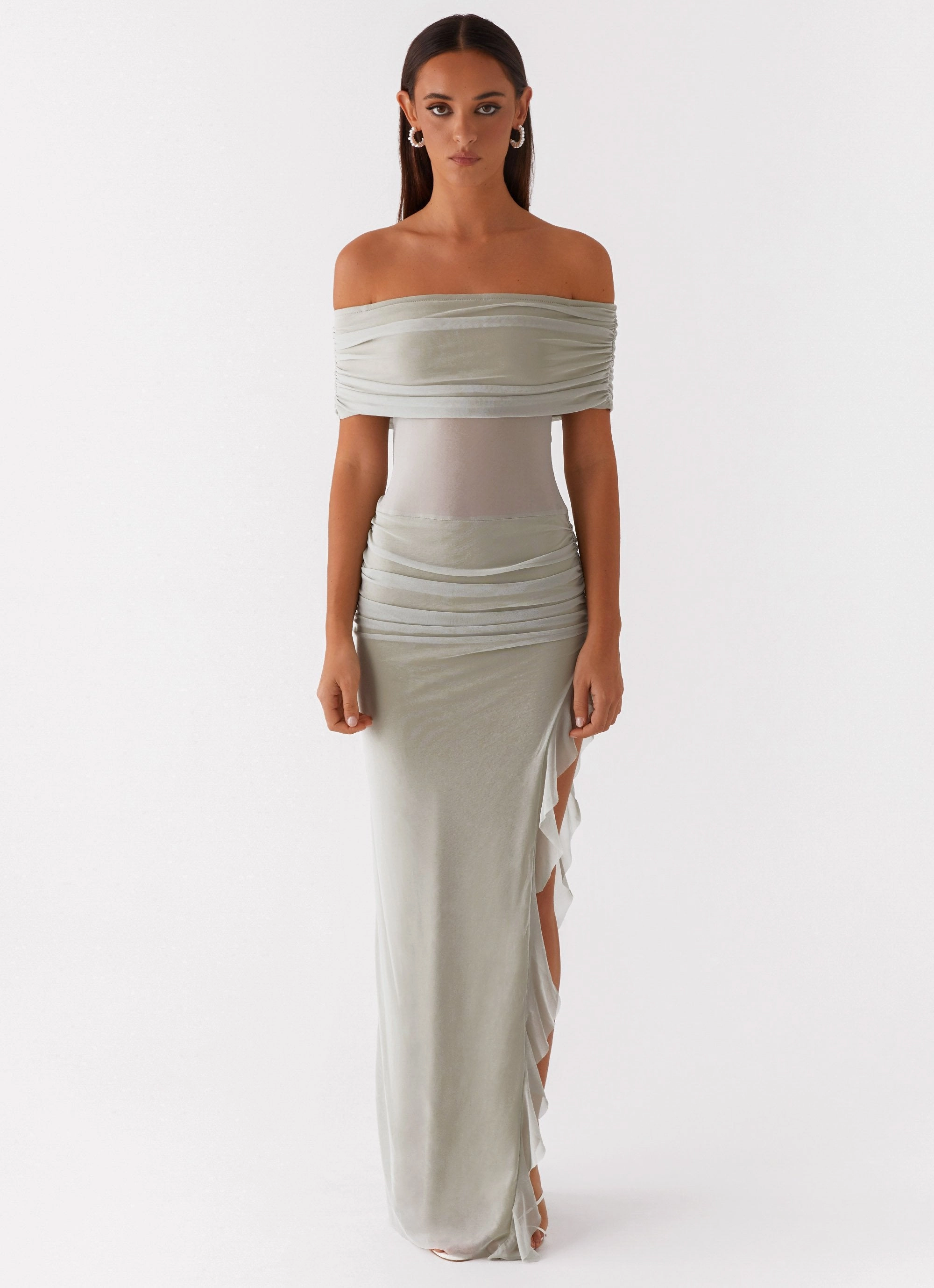 Neutral Look Nelly Off Shoulder Maxi Dress - Pistachio
