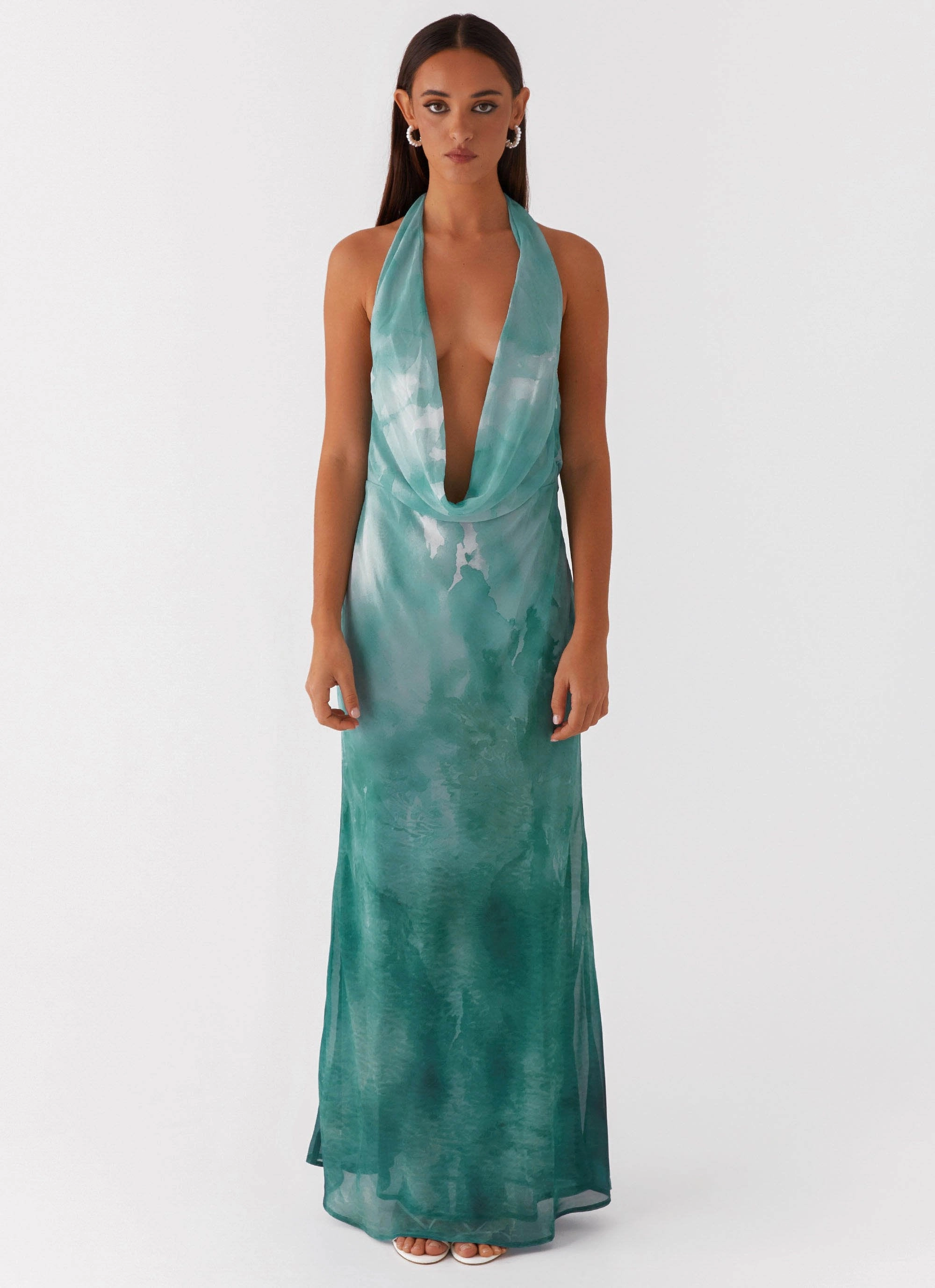 Nerissa Cowl Neck Maxi Dress - Green Tie Dye Lightweight Fit Vibrant patterned dress
