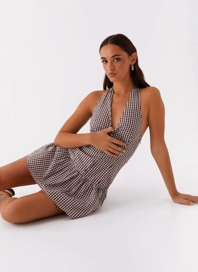 New Look Shirred Halter Mini Dress - Chocolate Gingham Sharp Look