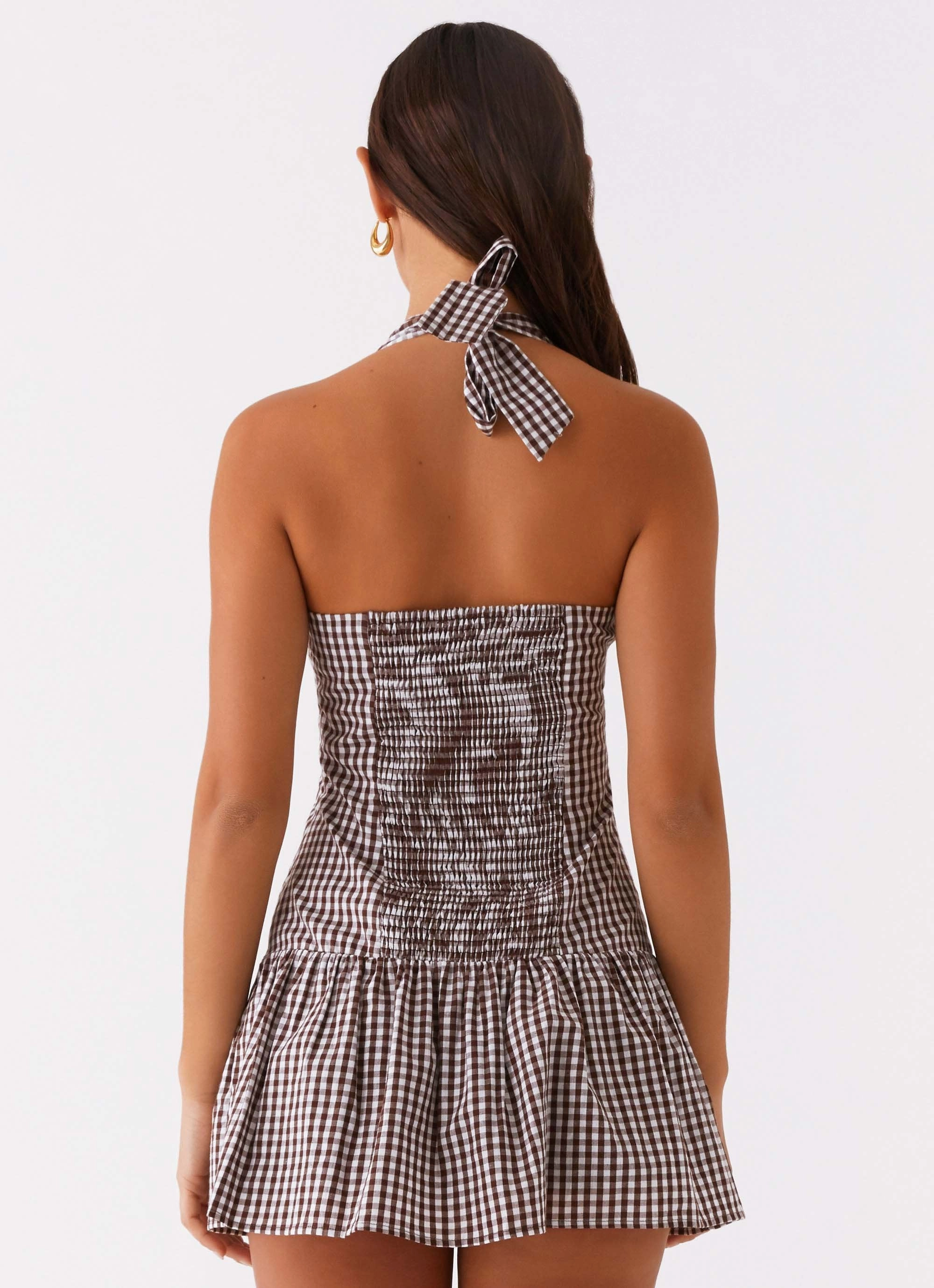 New Look Shirred Halter Mini Dress - Chocolate Gingham Relax Flex