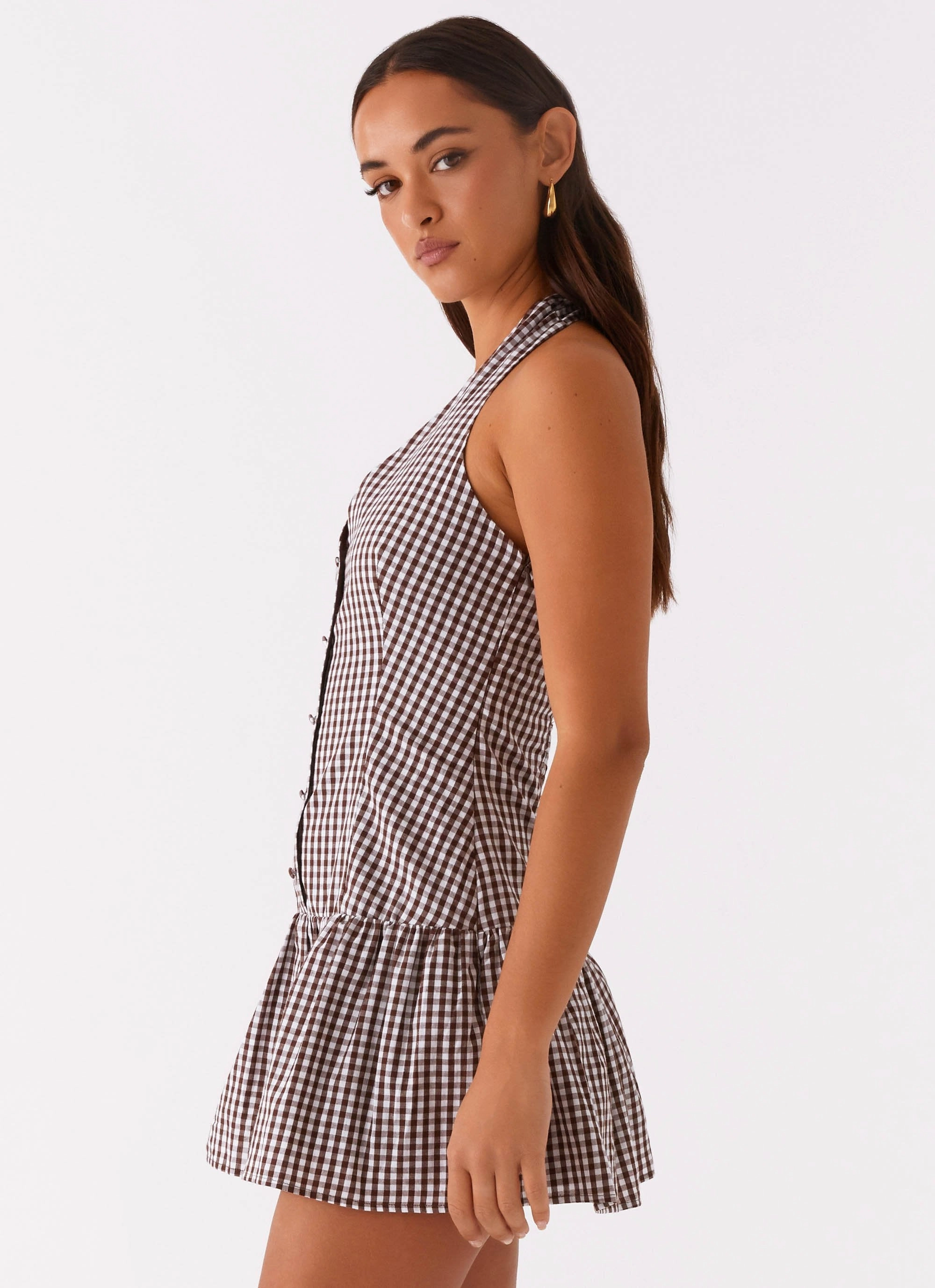 New Look Shirred Halter Mini Dress - Chocolate Gingham Luxe Comfort