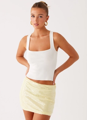 Nostalgic Nights Sequin Mini Skirt - Lemon Spritz Front Slit