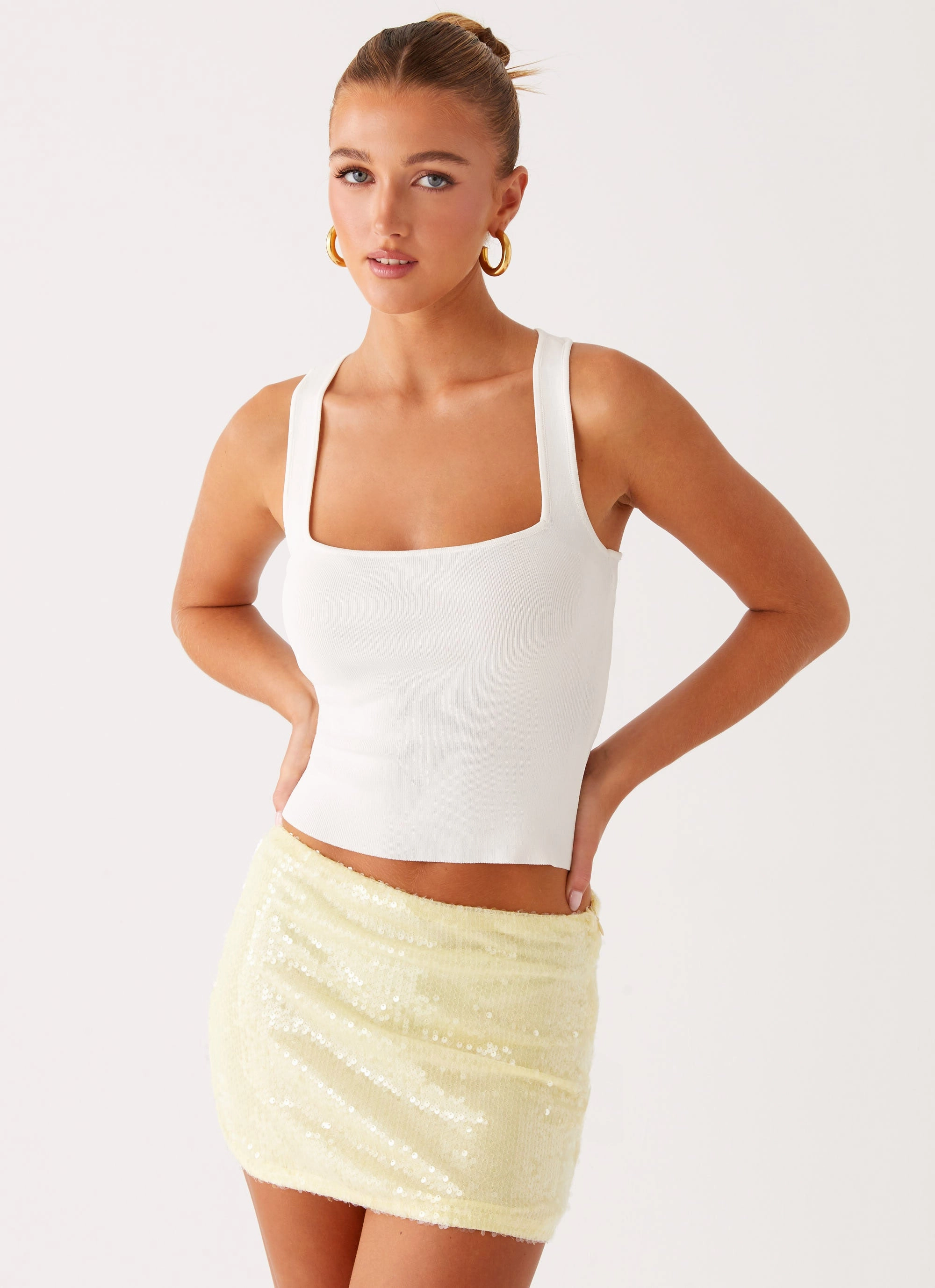 Nostalgic Nights Sequin Mini Skirt - Lemon Spritz Front Slit