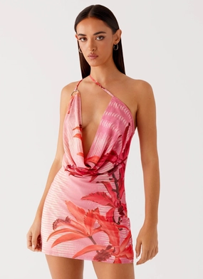Bohemian Bliss Mesh Mini Dress - Tropical Pink Print Sleek Silhouette