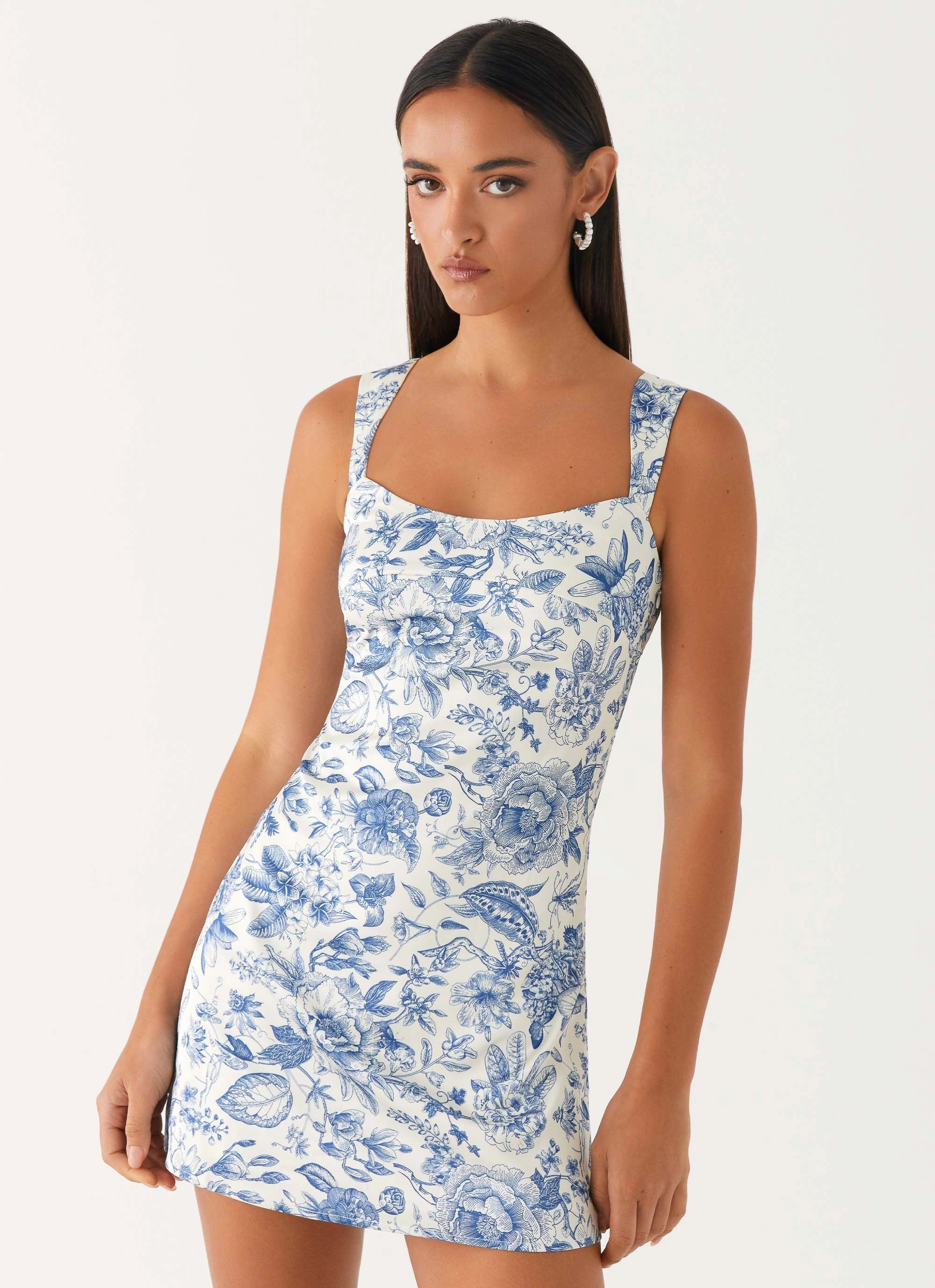 Sheer Panel Sleek Silhouette Odette Satin Mini Dress - Blue Paisley