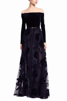 Signature-Style Active Moments Off-The-Shoulder Velvet Embroidered Gown