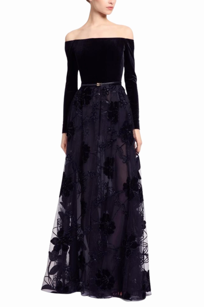 Classic Edge Sculpted Fit Off-The-Shoulder Velvet Embroidered Gown