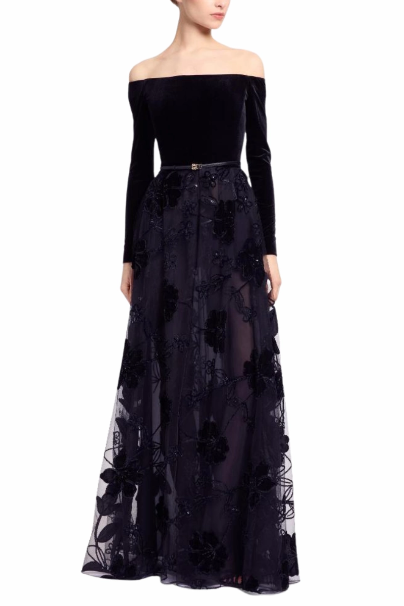 Signature-Style Active Moments Off-The-Shoulder Velvet Embroidered Gown