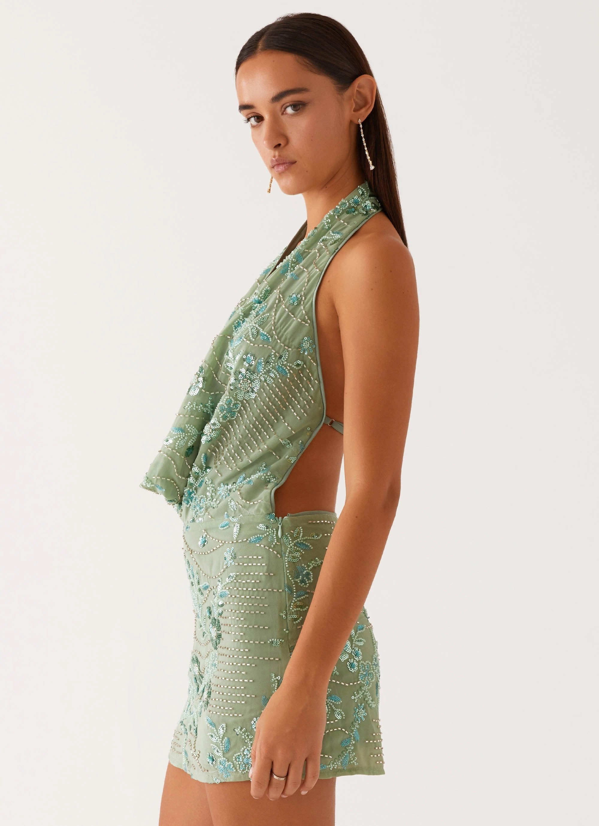 Olisa Cowl Neck Beaded Mini Dress - Mint museum visit Summer Fashion