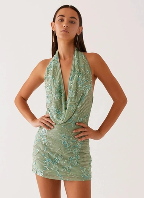 Sophisticated Wear Olisa Cowl Neck Beaded Mini Dress - Mint