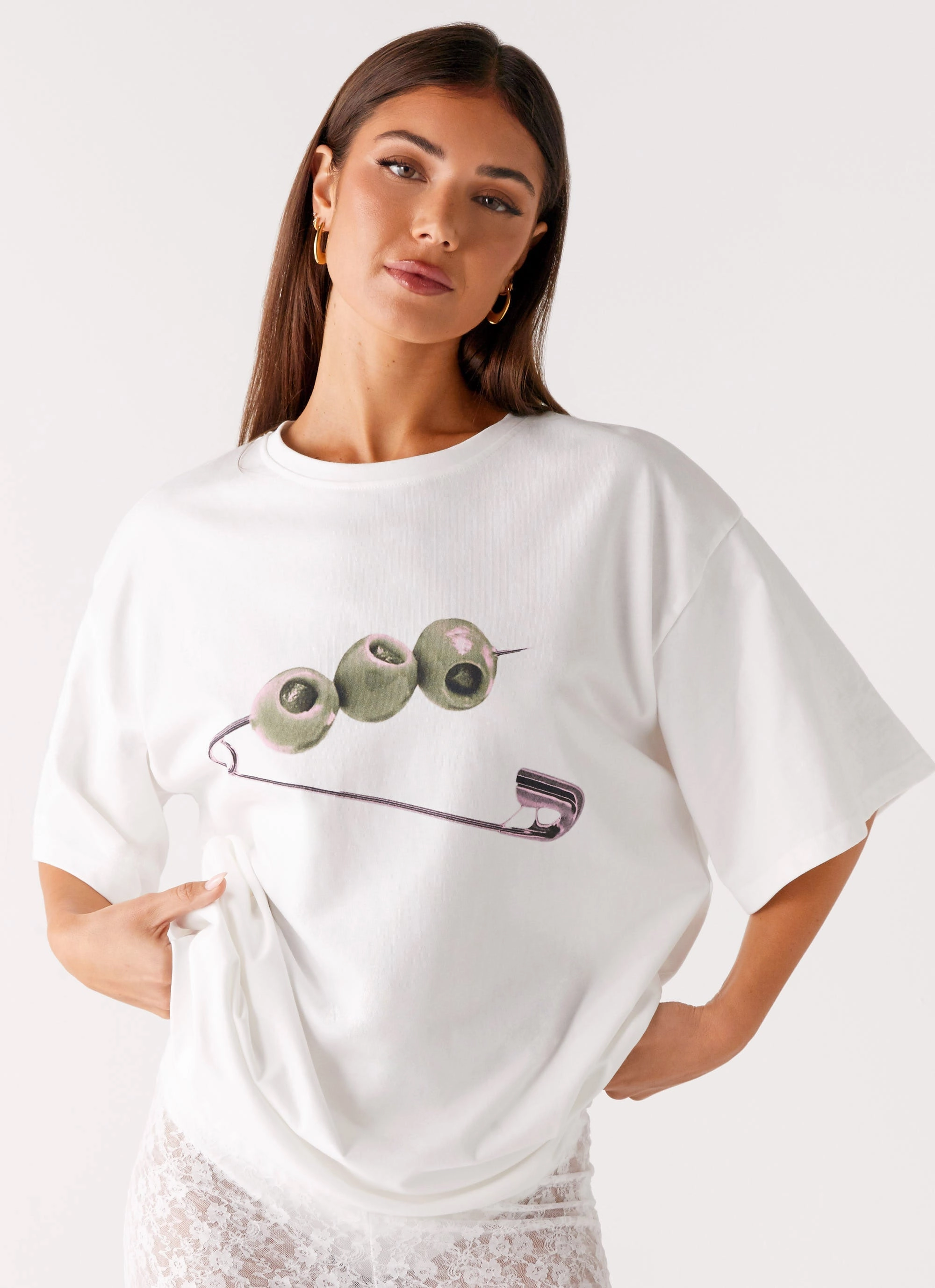 Olive Oversized Tee - White Functional Side Gussets