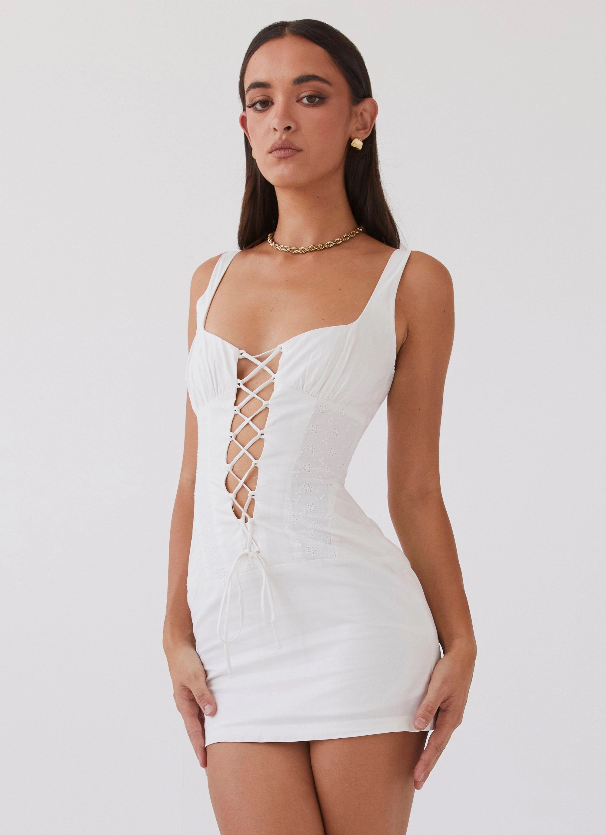 Designer-Label Casey Lace Up Mini Dress - White