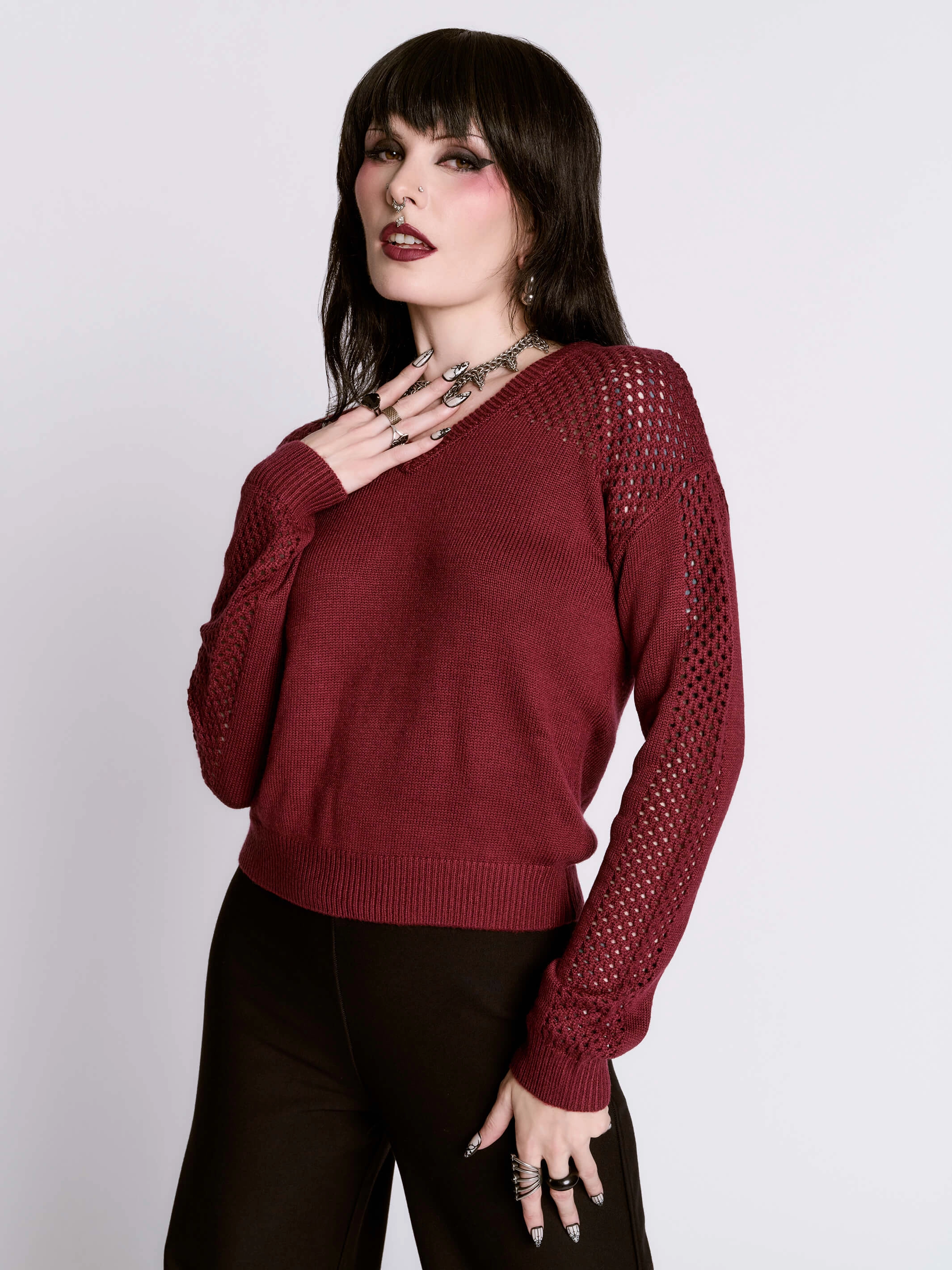 Comfy Oxblood Fishnet Sweater