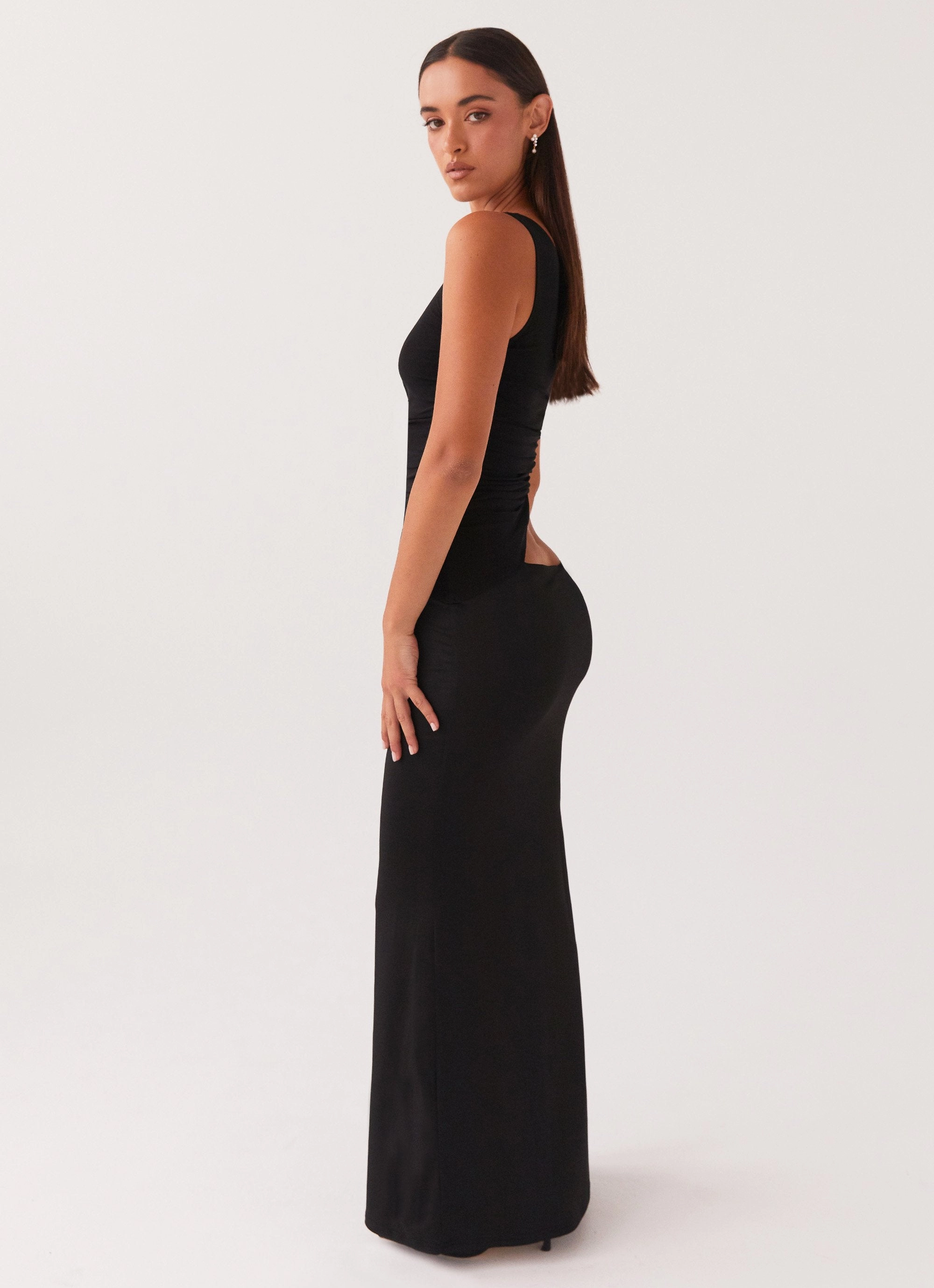BreathableFabric Texture Play Seranella One Shoulder Maxi Dress - Black