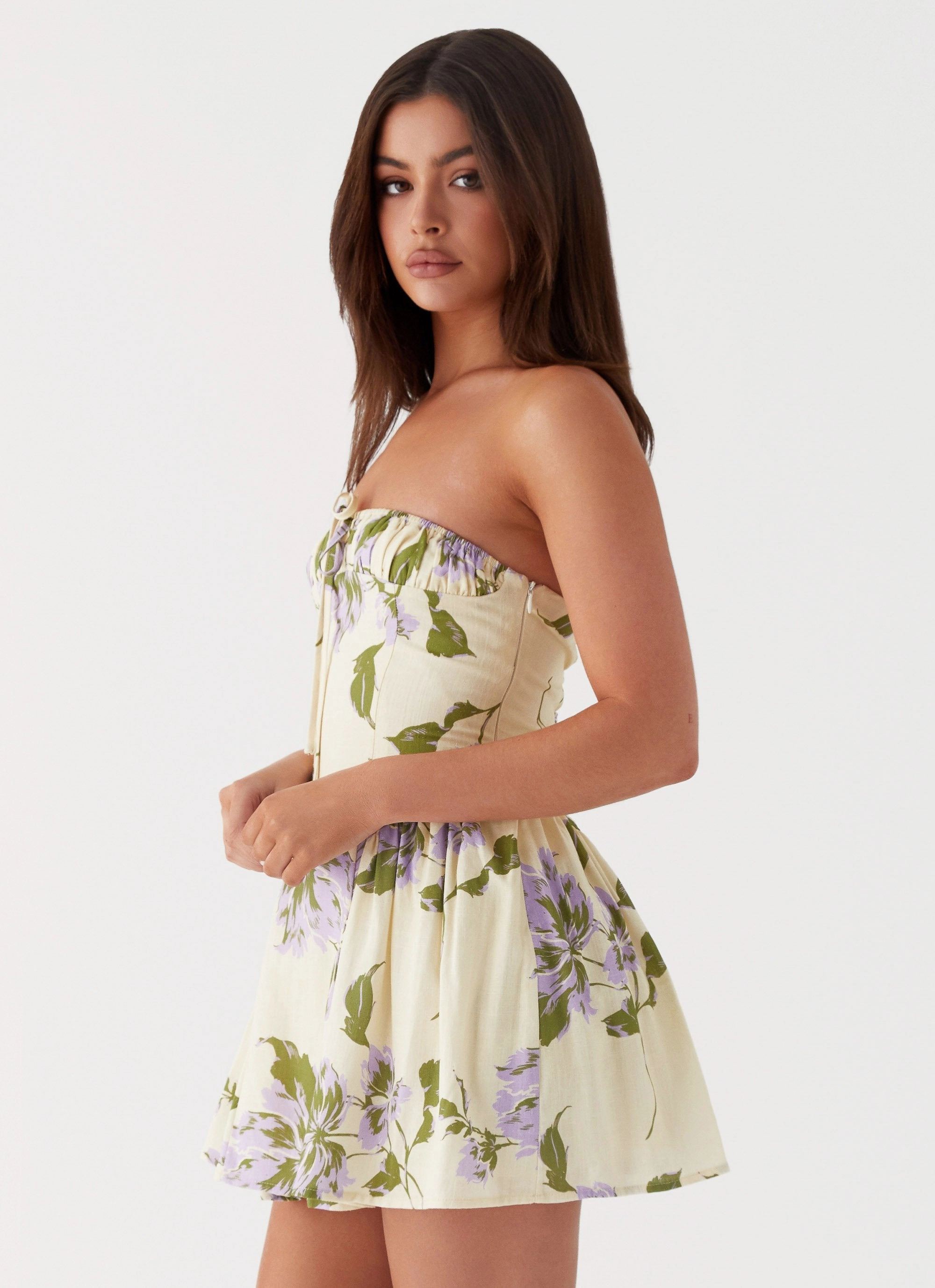 Pardon My French Linen Mini Dress - Yellow Purple Floral Easy Go Sleek Drape