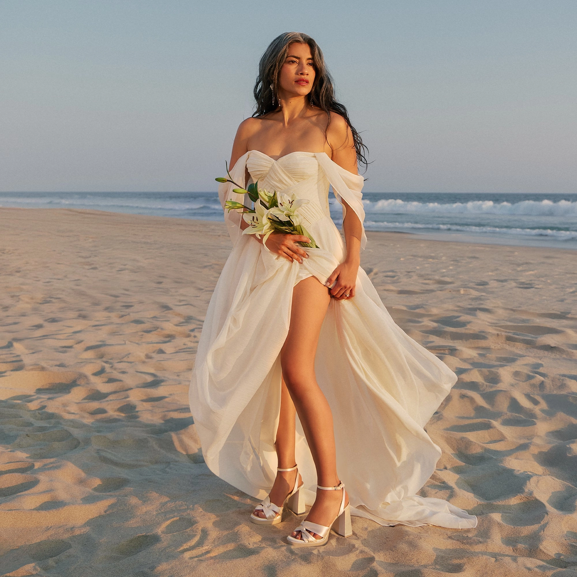 PARLO HEELS IVORY SATIN Romantic Date Beach Spark